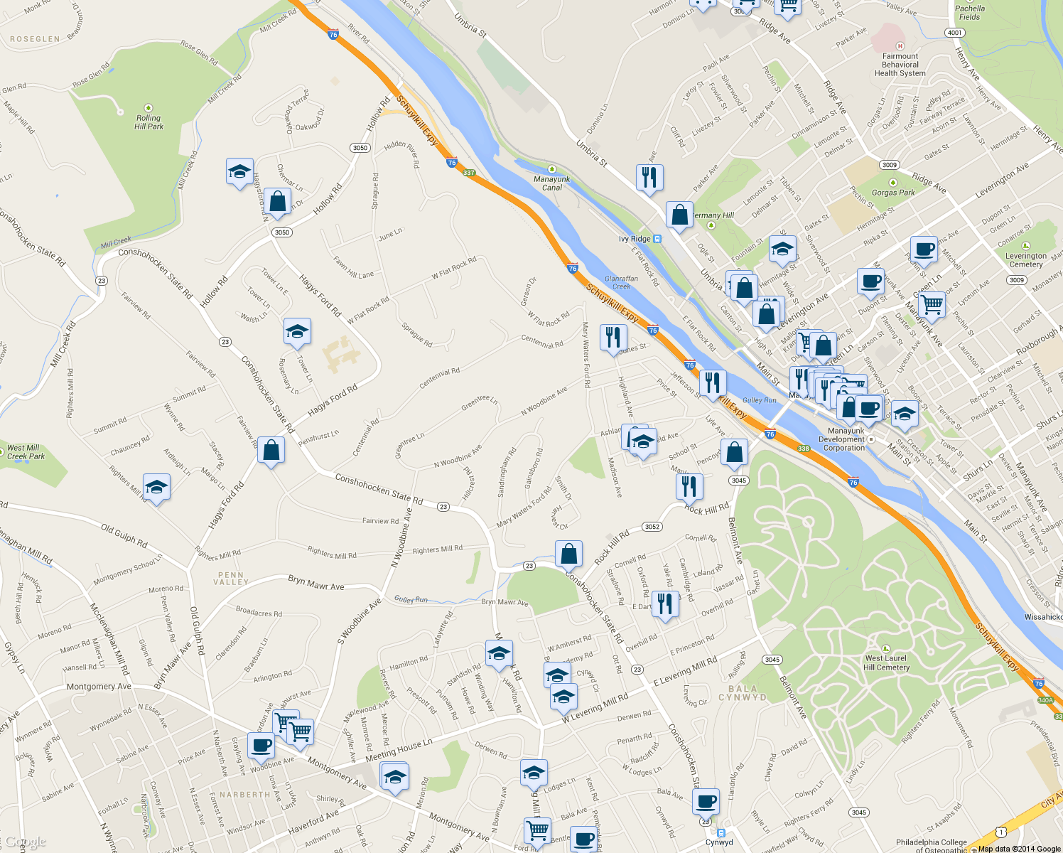 map of restaurants, bars, coffee shops, grocery stores, and more near 1300 Gainsboro Circle in Bala Cynwyd