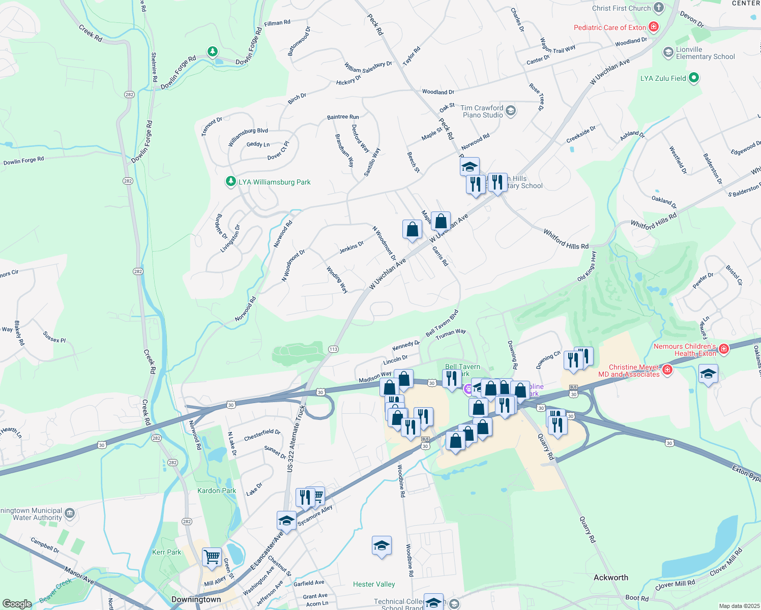 map of restaurants, bars, coffee shops, grocery stores, and more near 244 Tall Trees Circle in Downingtown