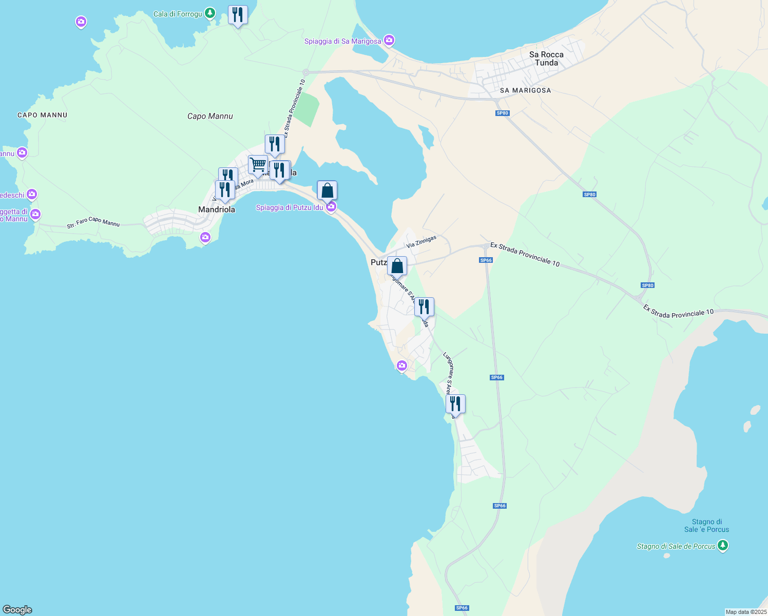 map of restaurants, bars, coffee shops, grocery stores, and more near 27 Via Evaristo Madeddu in Putzu Idu
