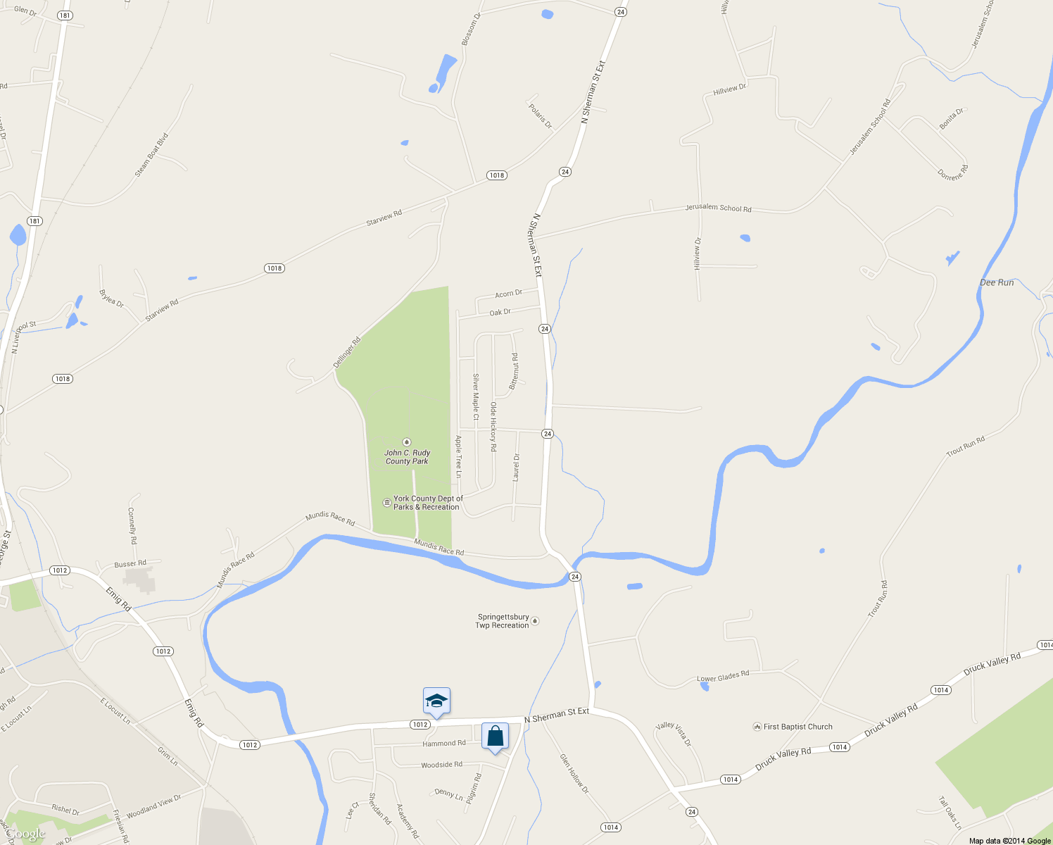 map of restaurants, bars, coffee shops, grocery stores, and more near 45 Hackberry Drive in Mount Wolf