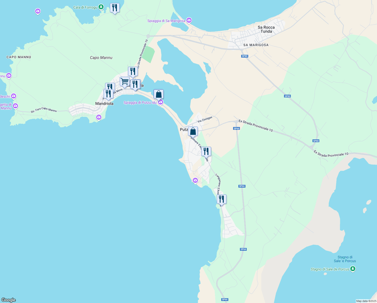 map of restaurants, bars, coffee shops, grocery stores, and more near 27 Via Evaristo Madeddu in Putzu Idu