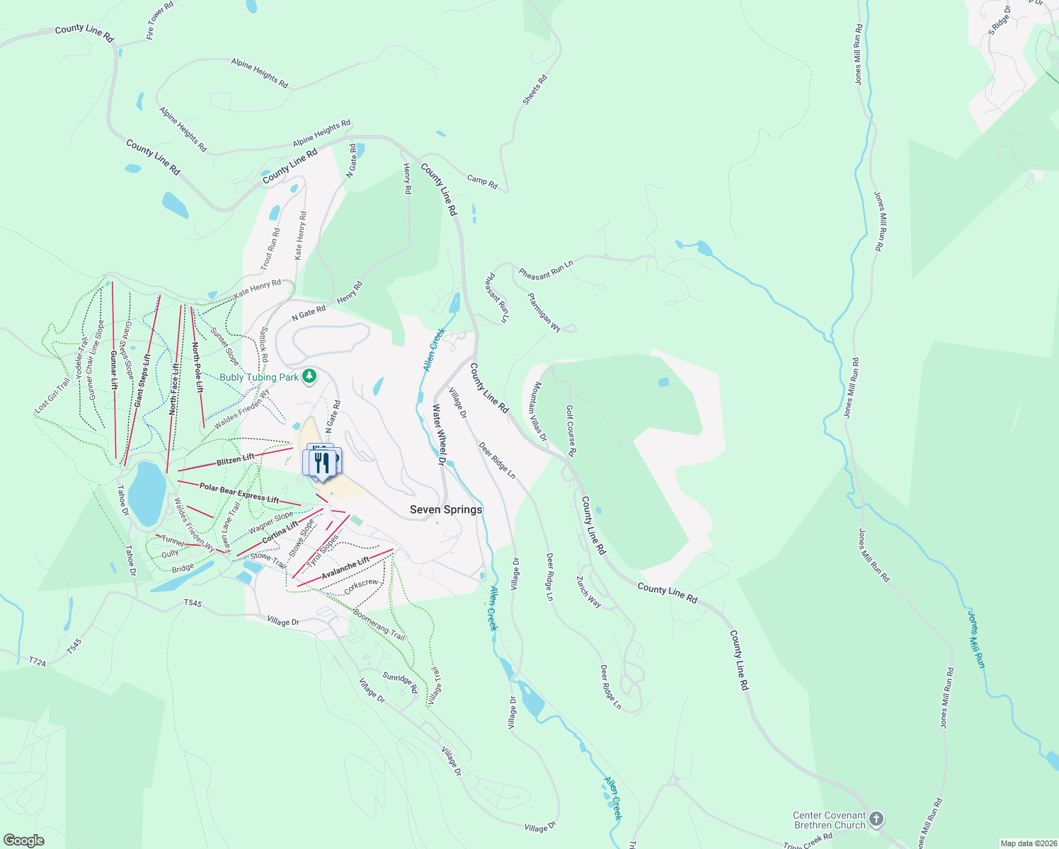 map of restaurants, bars, coffee shops, grocery stores, and more near 2 Mountain Villas Drive in Rockwood