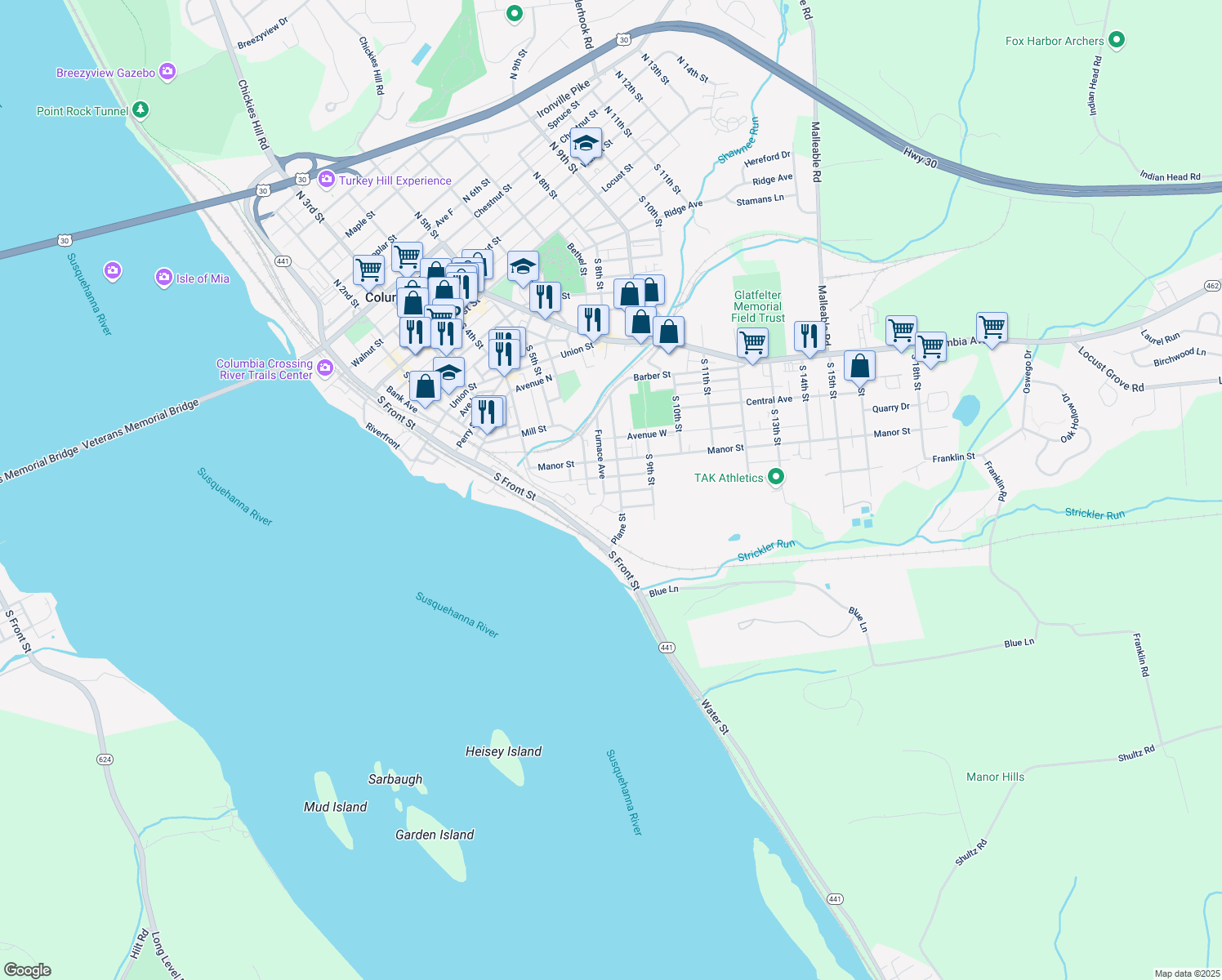 map of restaurants, bars, coffee shops, grocery stores, and more near 742 Plane Street in Columbia