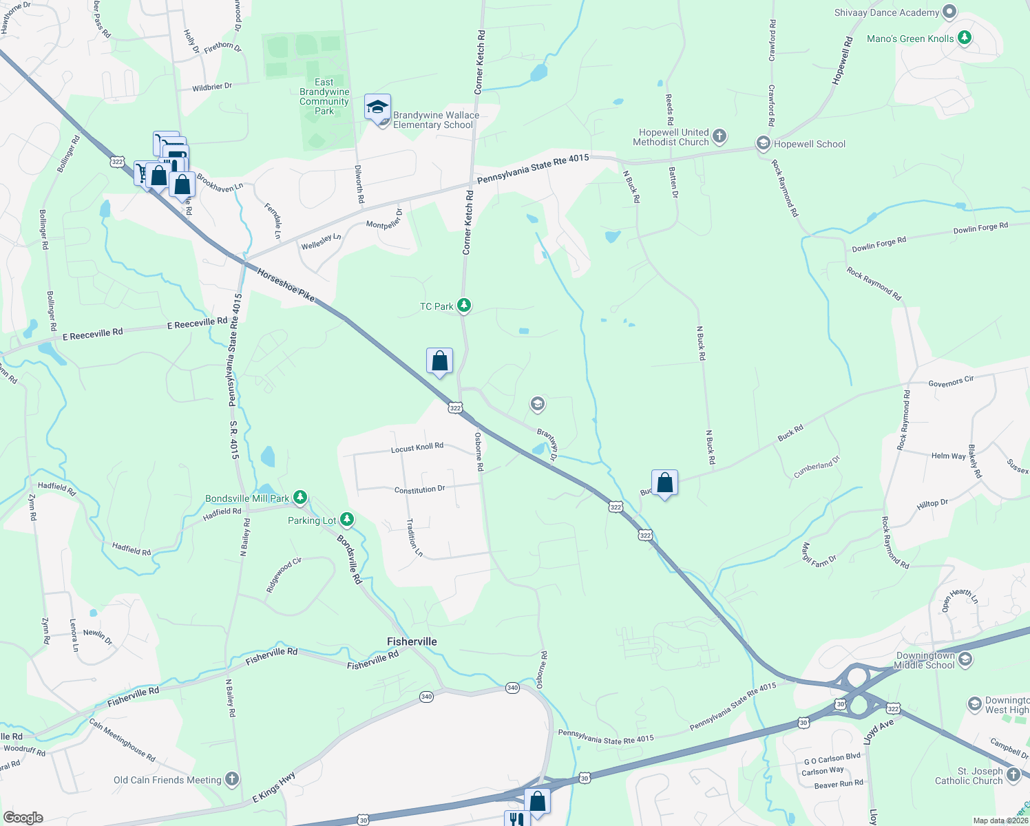 map of restaurants, bars, coffee shops, grocery stores, and more near 101 Waring Drive in Downingtown