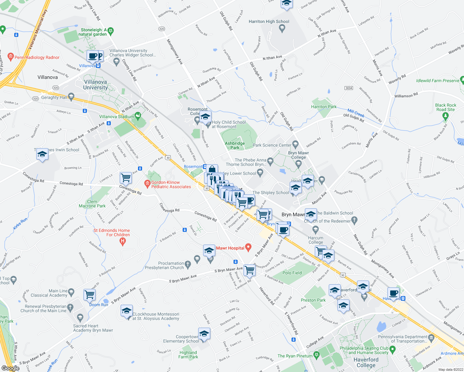 map of restaurants, bars, coffee shops, grocery stores, and more near 41 Franklin Avenue in Bryn Mawr