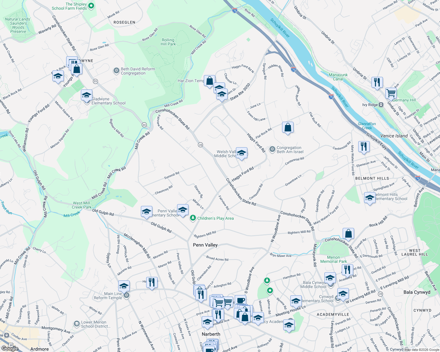 map of restaurants, bars, coffee shops, grocery stores, and more near 324 Conshohocken State Road in Penn Valley