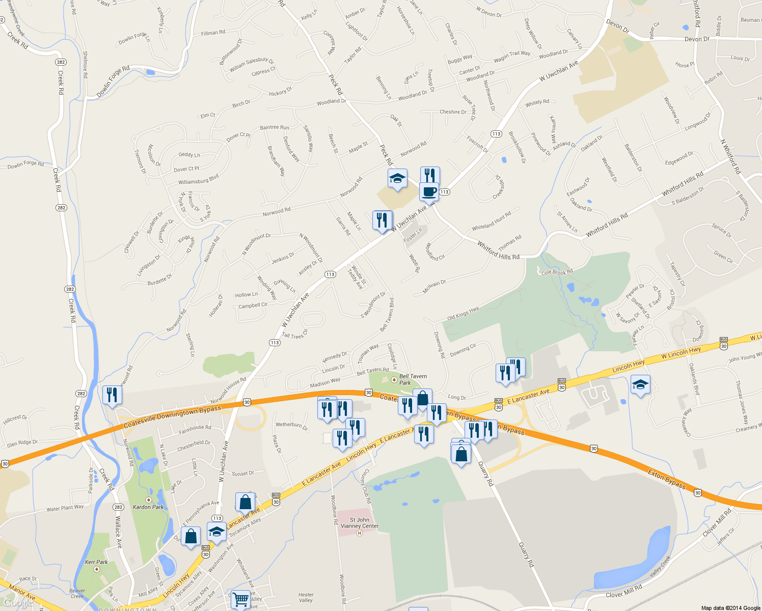 map of restaurants, bars, coffee shops, grocery stores, and more near 3 Jefferson Court in Downingtown