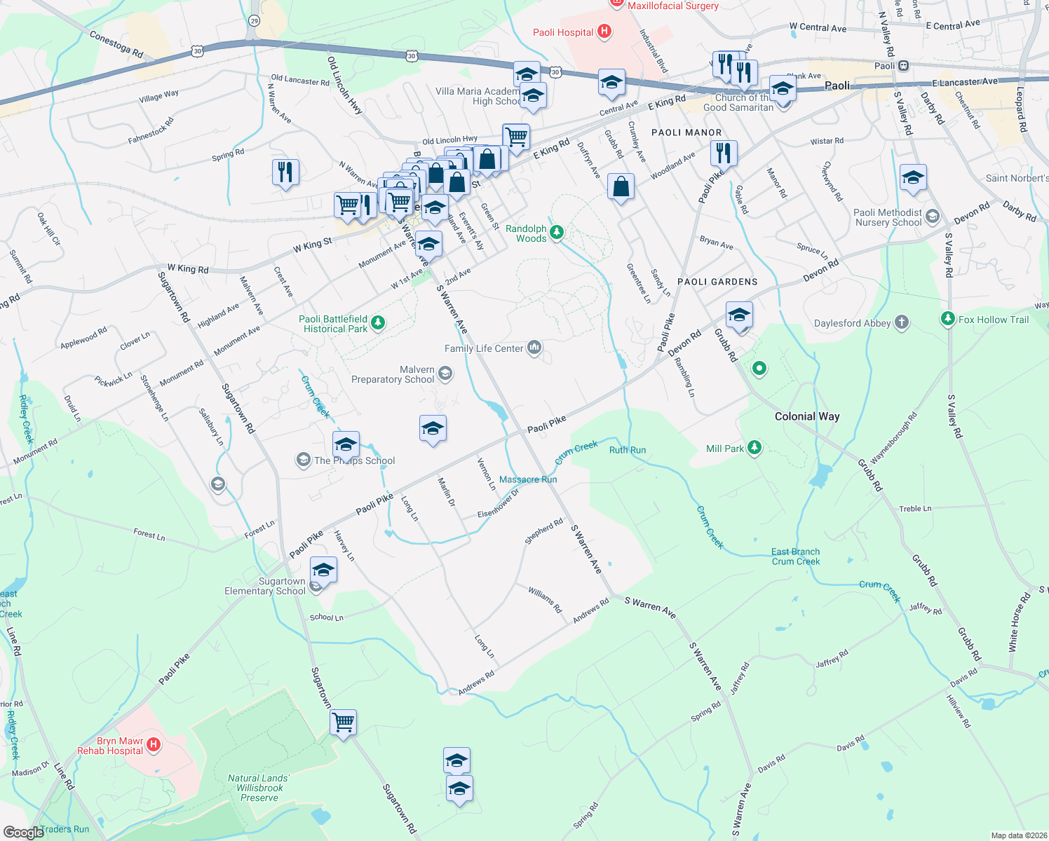 map of restaurants, bars, coffee shops, grocery stores, and more near 253 Paoli Pike in Malvern