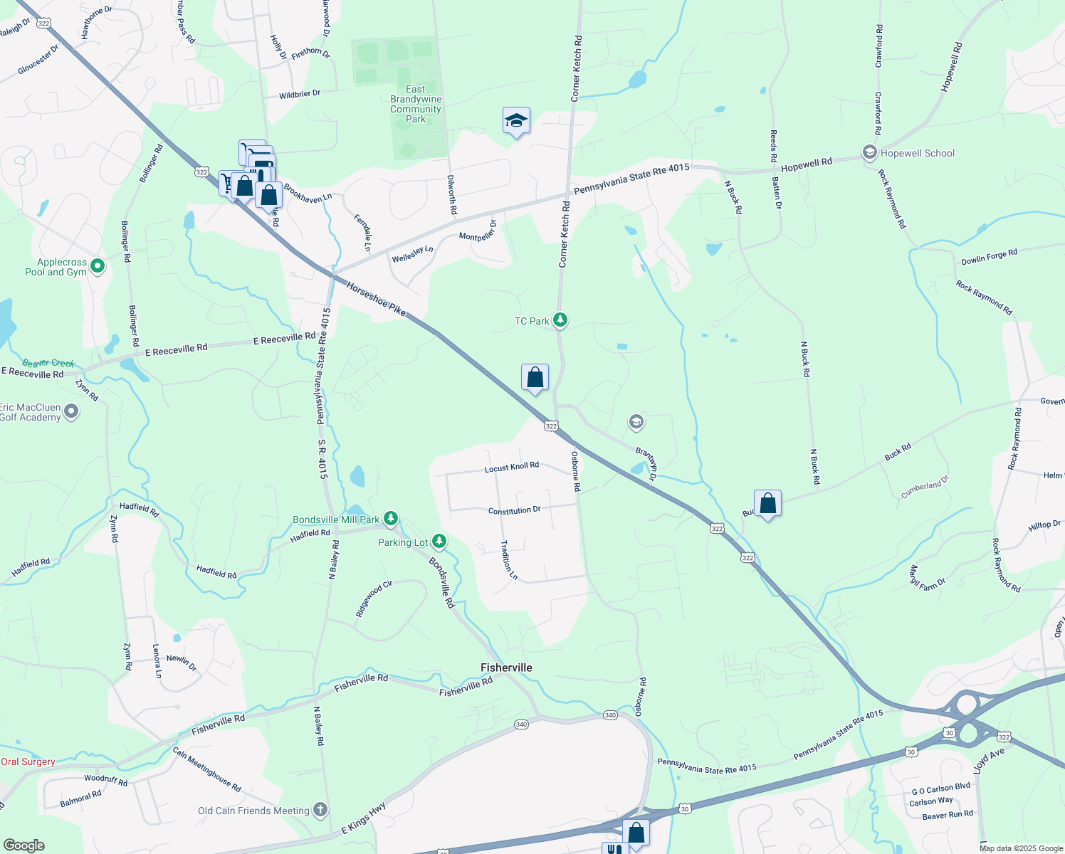 map of restaurants, bars, coffee shops, grocery stores, and more near 1100 Horseshoe Pike in Downingtown