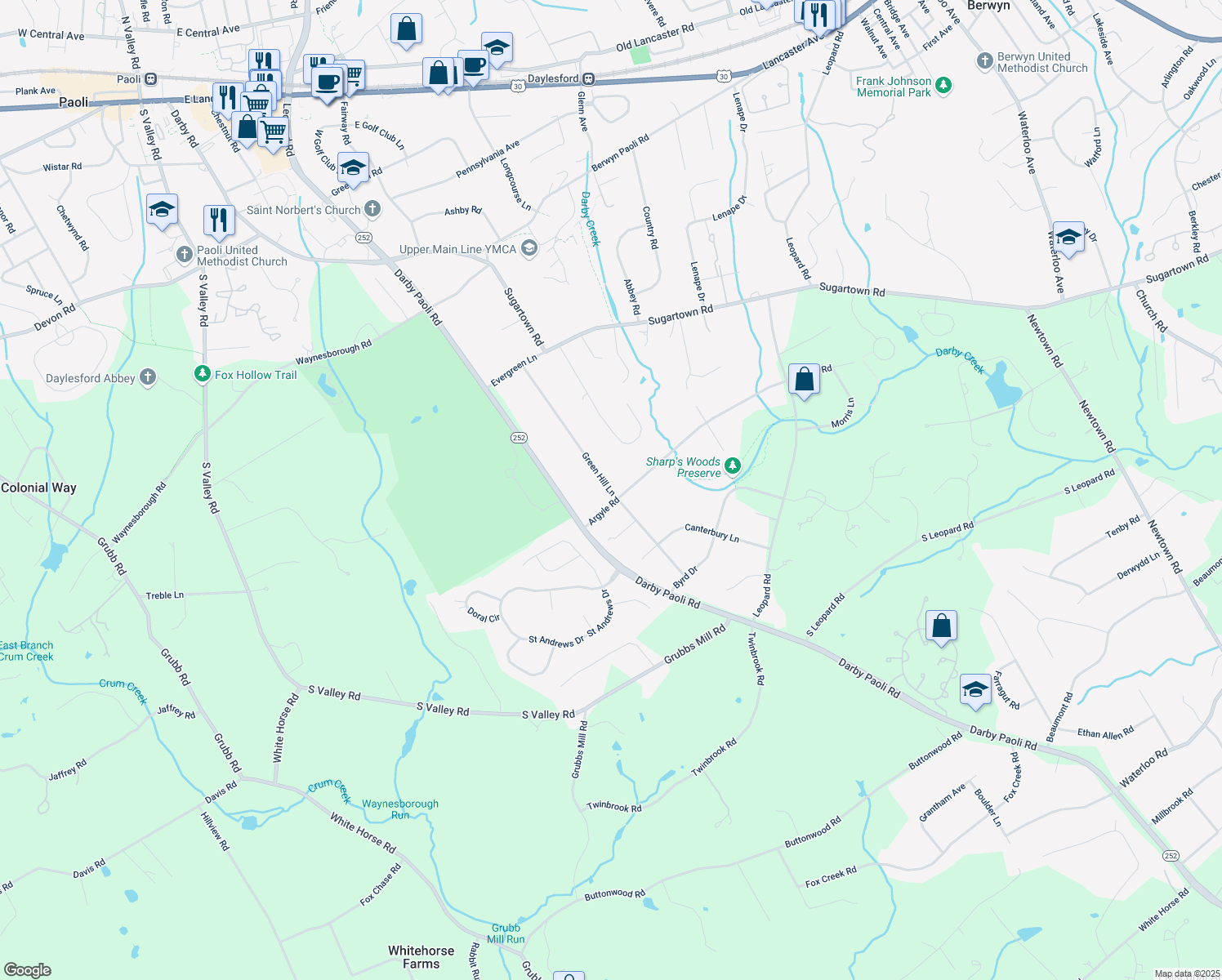 map of restaurants, bars, coffee shops, grocery stores, and more near 493 Green Hill Lane in Paoli