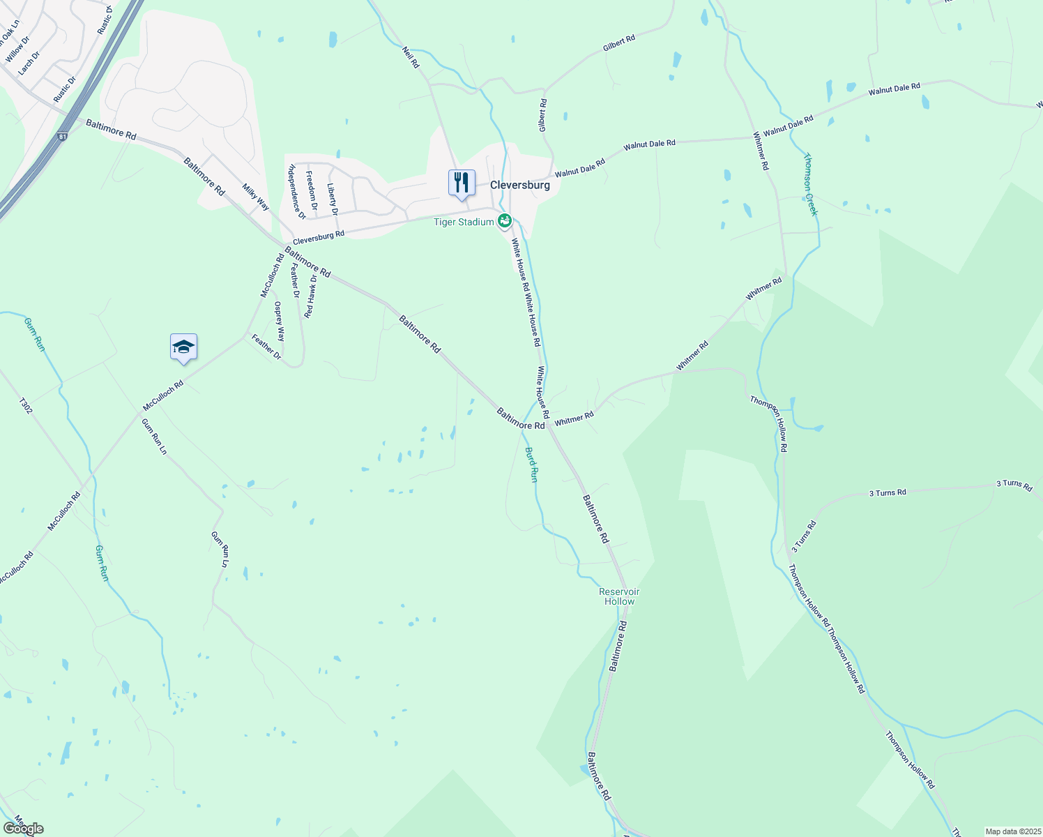 map of restaurants, bars, coffee shops, grocery stores, and more near 1267 Baltimore Road in Shippensburg