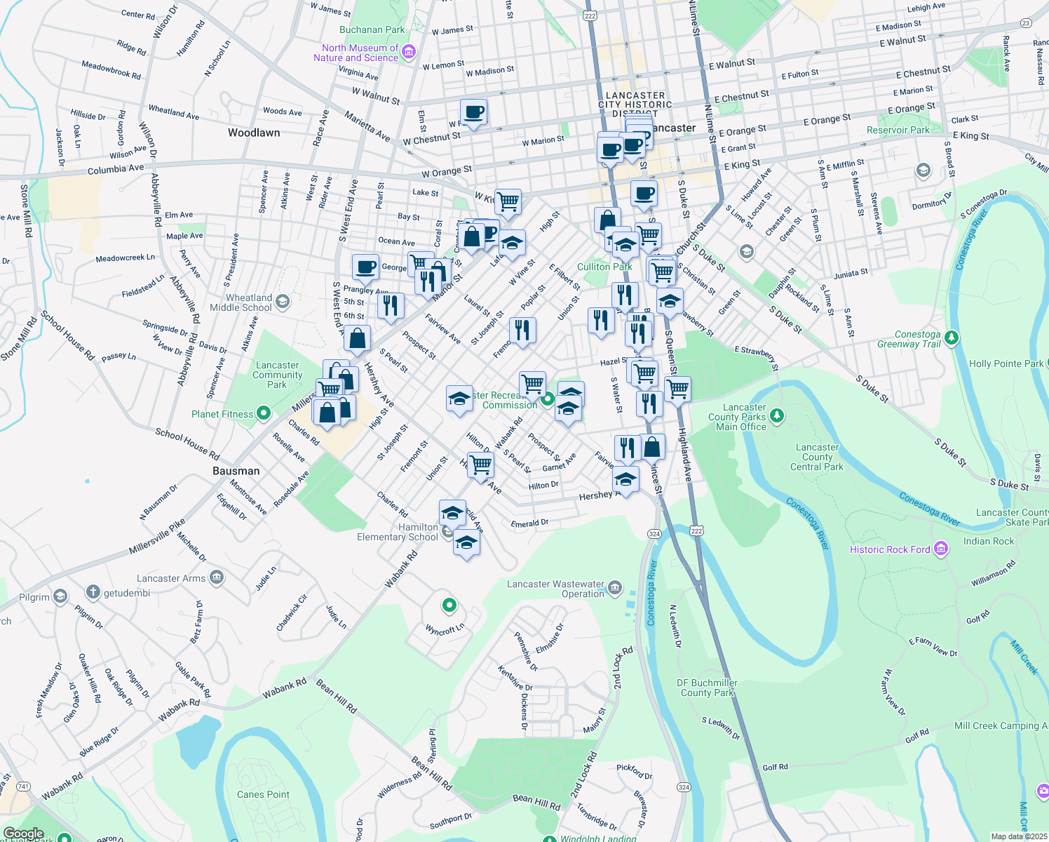 map of restaurants, bars, coffee shops, grocery stores, and more near 838 Wabank Street in Lancaster