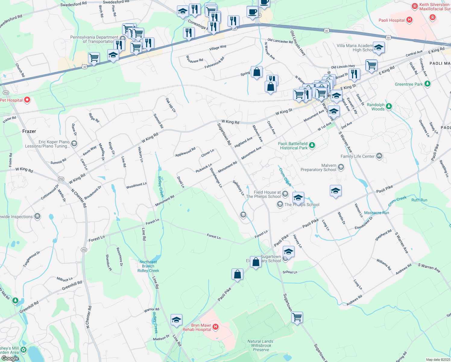 map of restaurants, bars, coffee shops, grocery stores, and more near 22 Salisbury Lane in Malvern