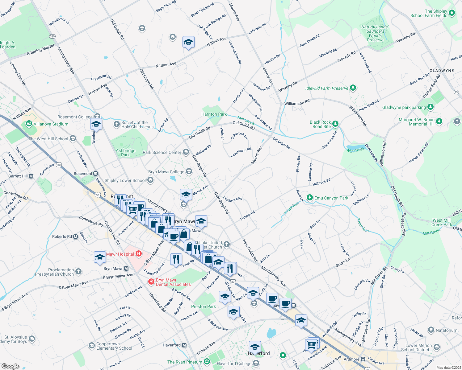 map of restaurants, bars, coffee shops, grocery stores, and more near 222 Ladbroke Road in Bryn Mawr
