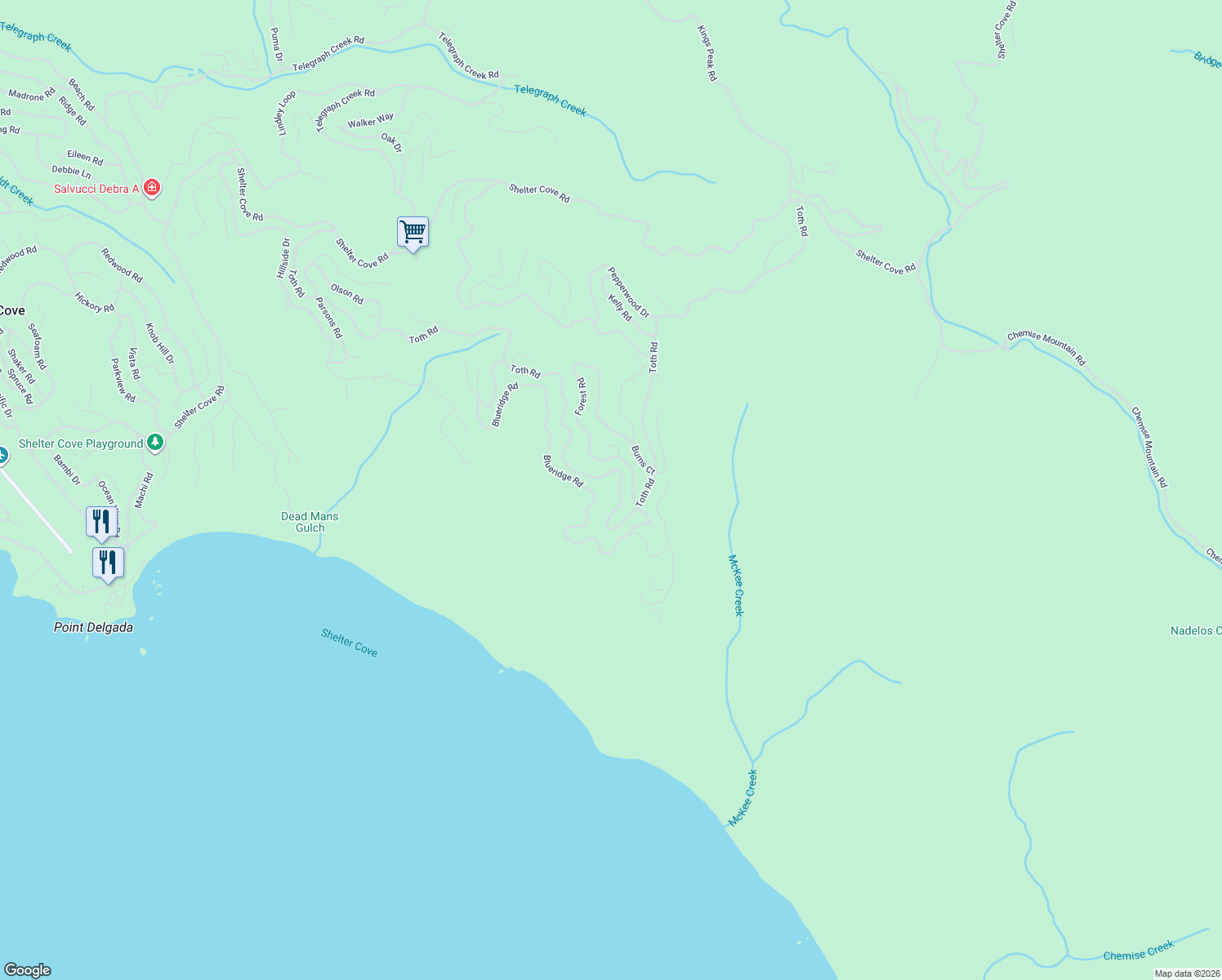map of restaurants, bars, coffee shops, grocery stores, and more near 992-994 Toth Rd in Whitethorn