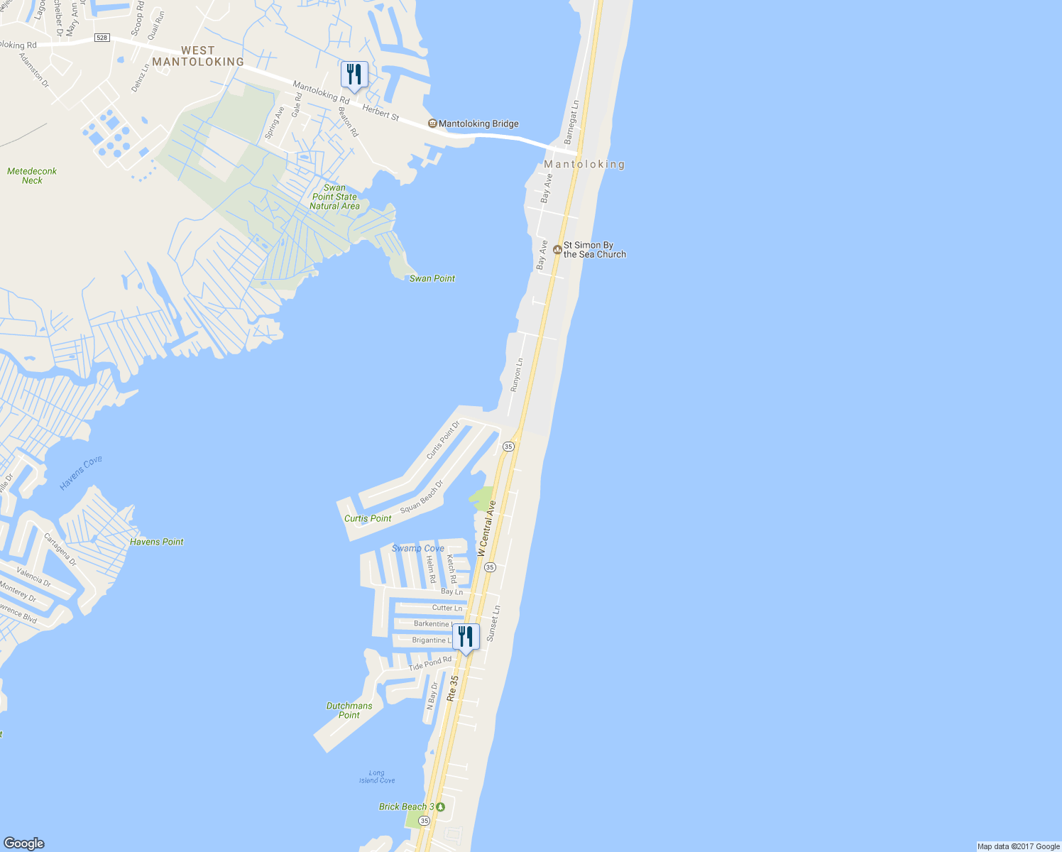 map of restaurants, bars, coffee shops, grocery stores, and more near 1559 Ocean Avenue in Mantoloking