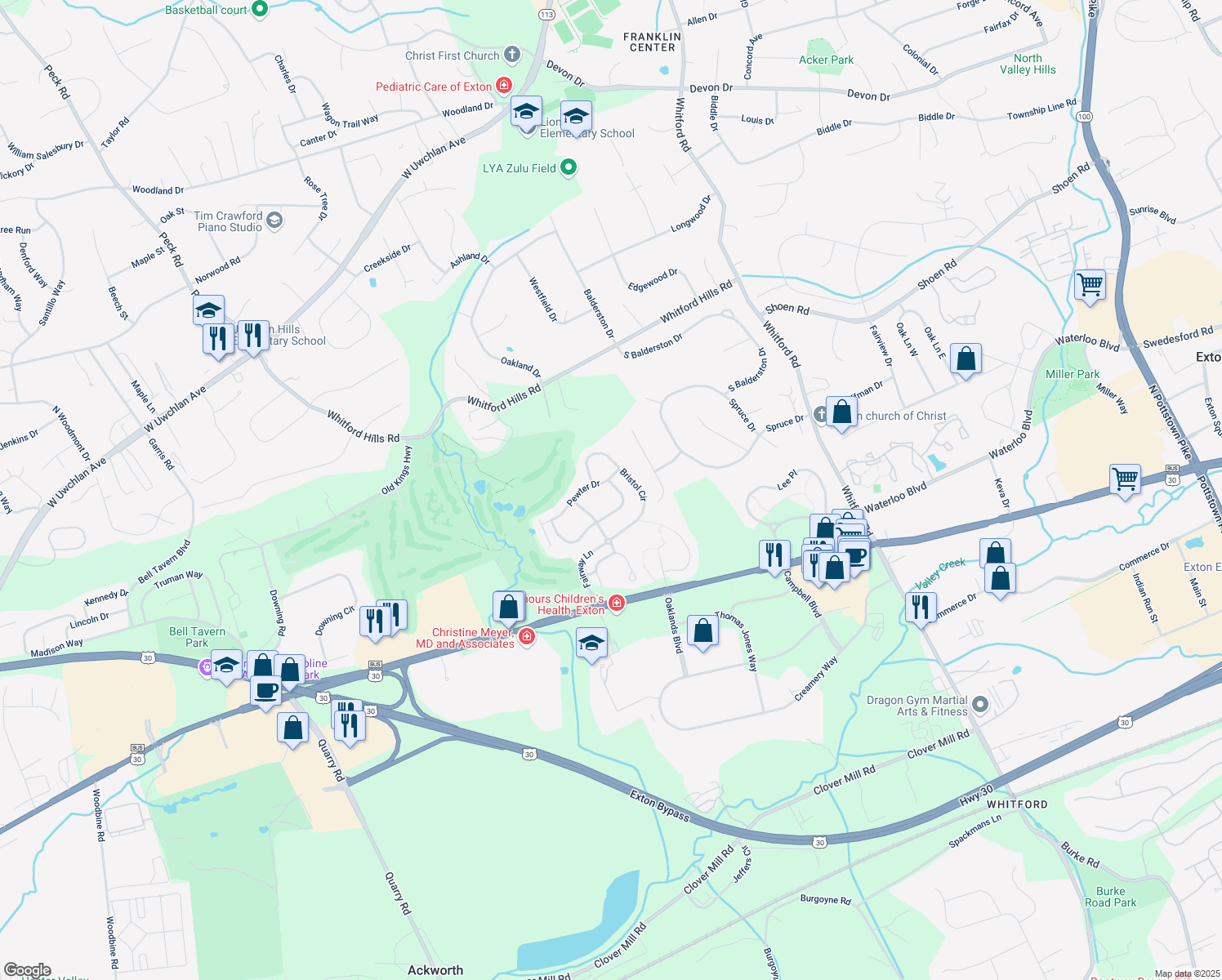 map of restaurants, bars, coffee shops, grocery stores, and more near 505 East Saxony Drive in Exton