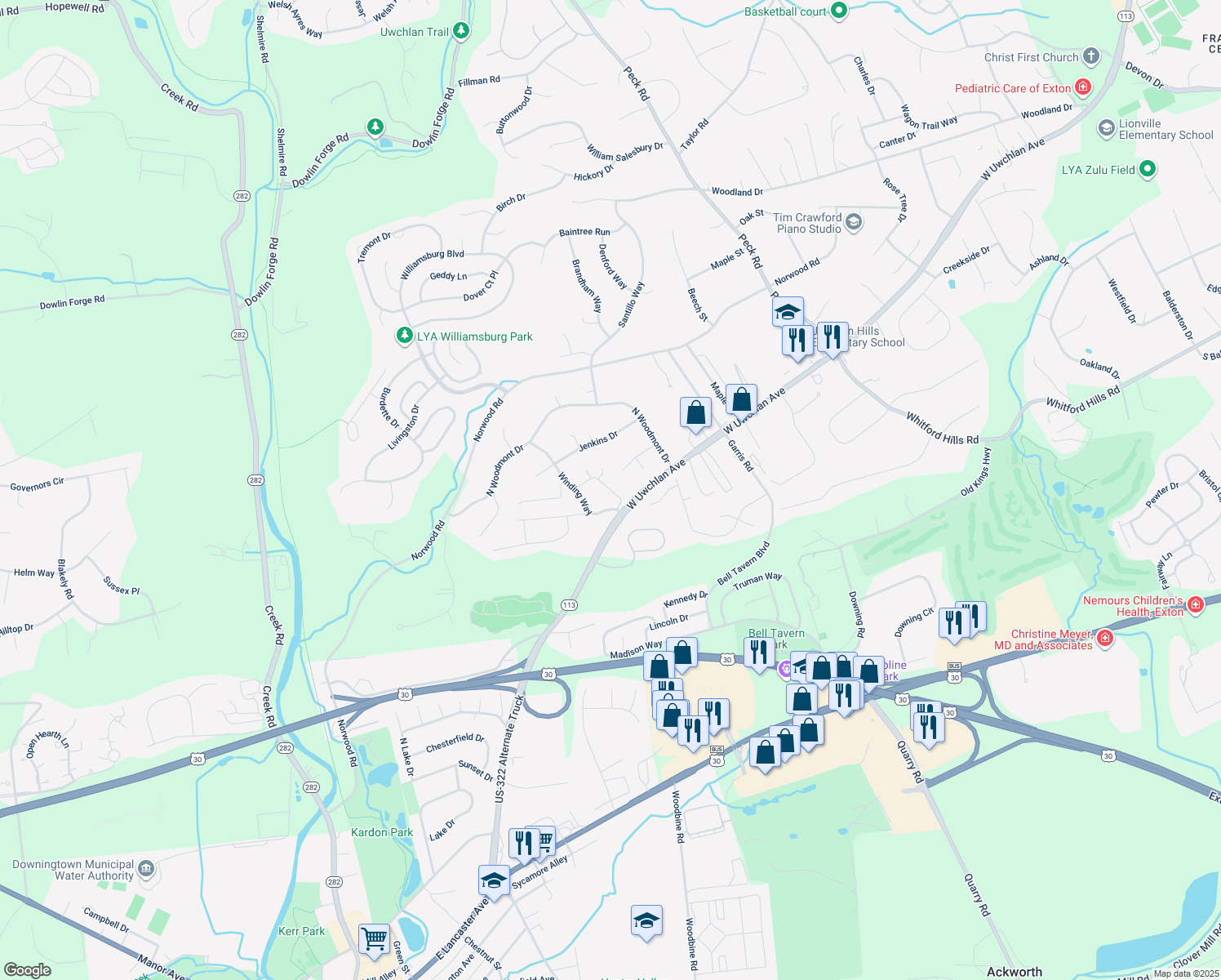 map of restaurants, bars, coffee shops, grocery stores, and more near 29 Gunning Ln in Downingtown