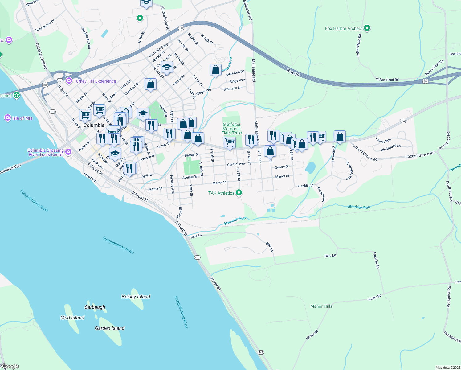 map of restaurants, bars, coffee shops, grocery stores, and more near 1214 Manor Street in Columbia