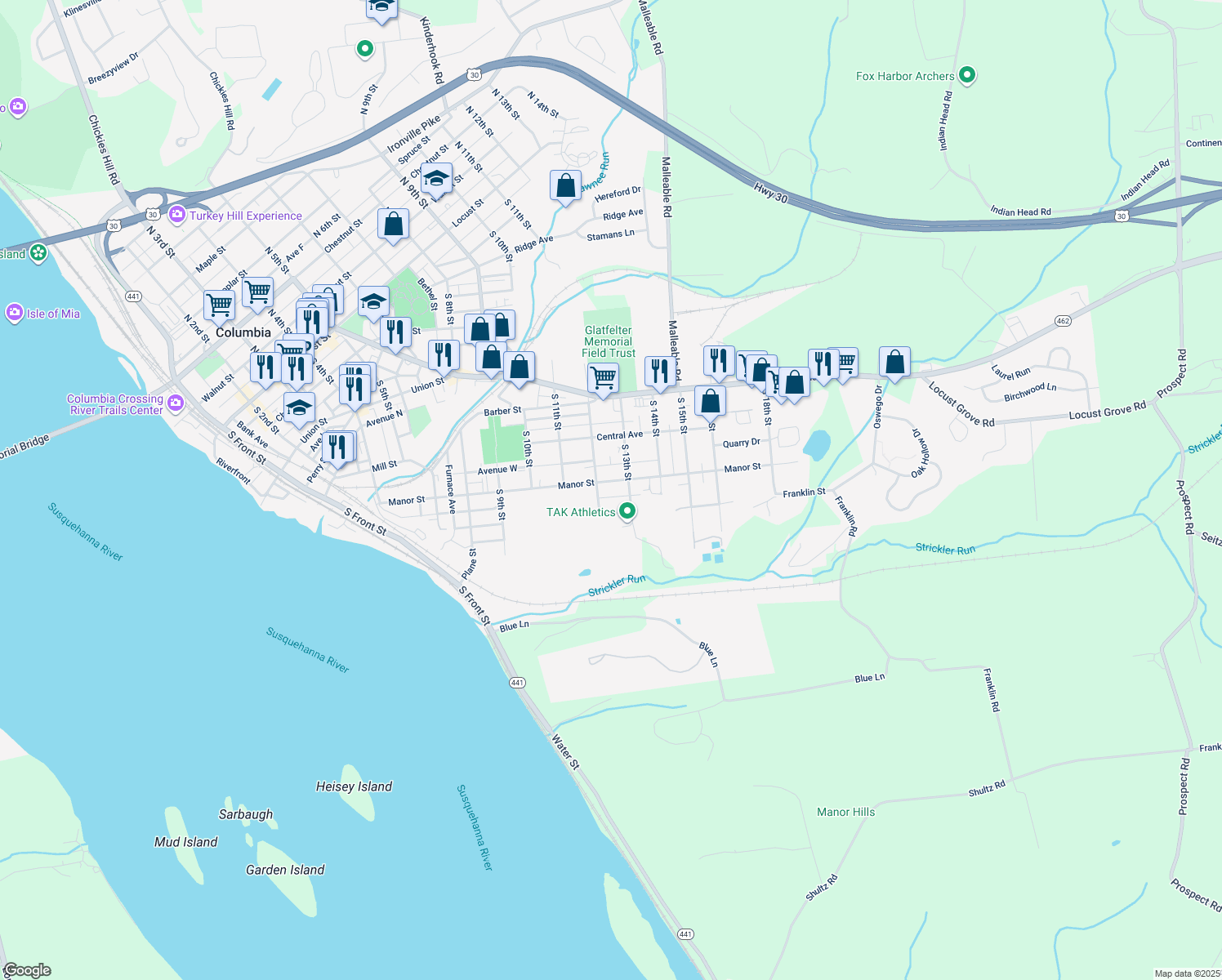 map of restaurants, bars, coffee shops, grocery stores, and more near 1222 Manor Street in Columbia
