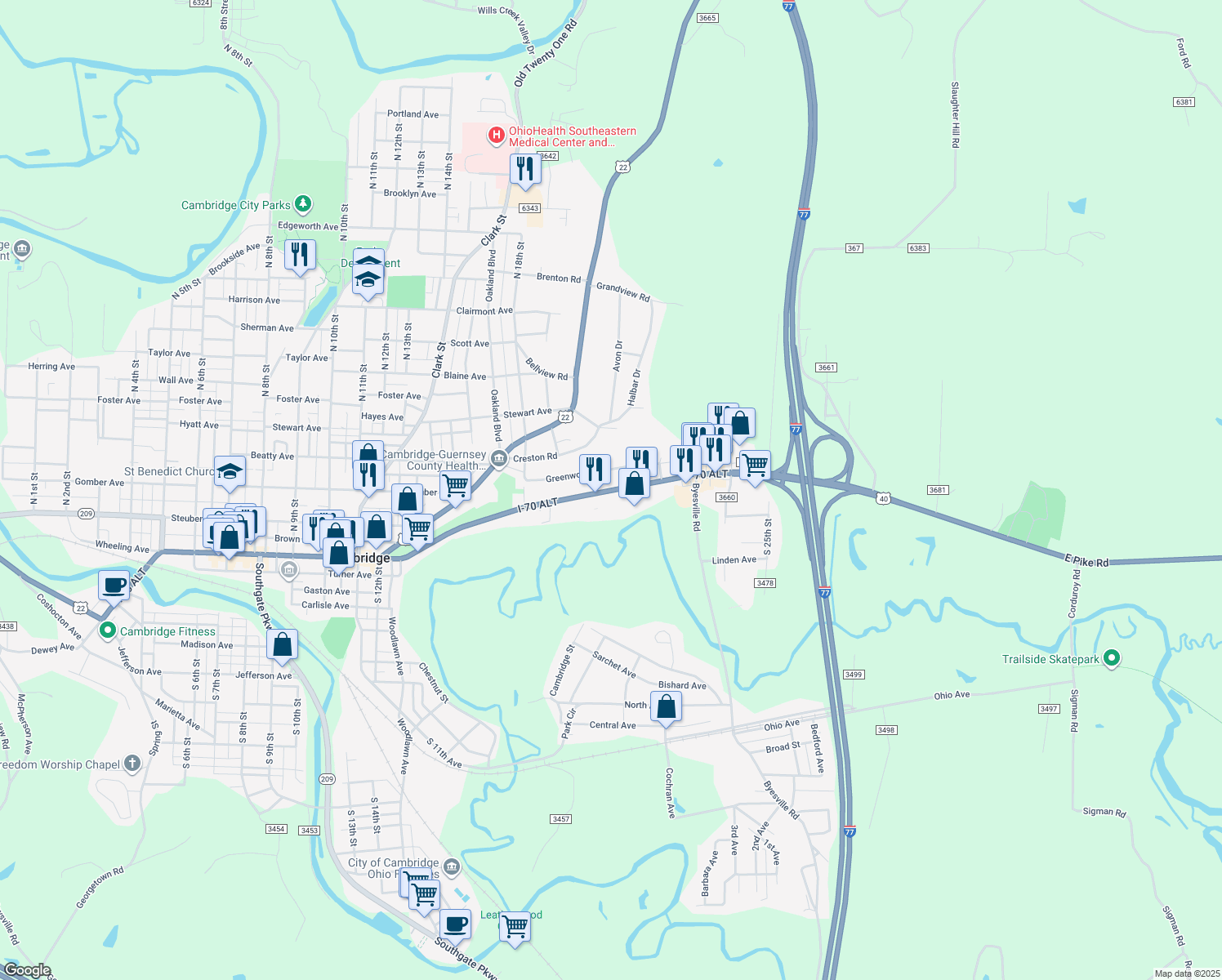 map of restaurants, bars, coffee shops, grocery stores, and more near 1977 E Wheeling Ave in Cambridge