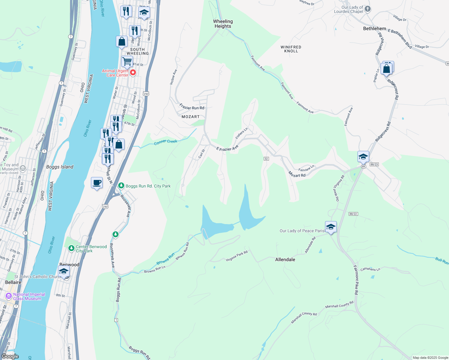 map of restaurants, bars, coffee shops, grocery stores, and more near 56 Delta Road 11 in Benwood