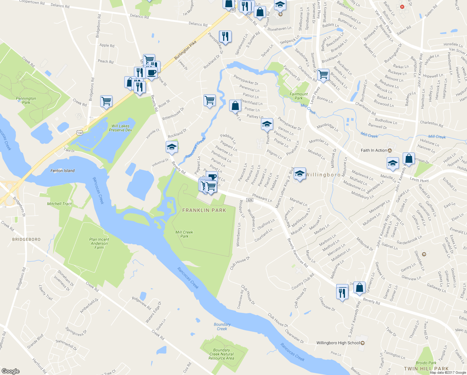 map of restaurants, bars, coffee shops, grocery stores, and more near 1 Peacock Lane in Willingboro