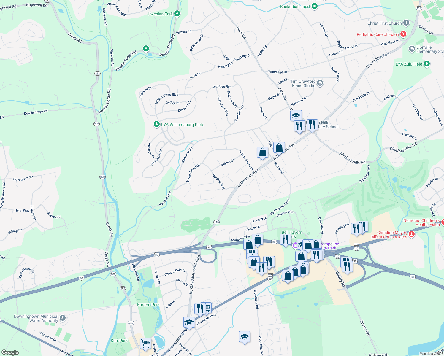 map of restaurants, bars, coffee shops, grocery stores, and more near 75 Gunning Lane in Downingtown