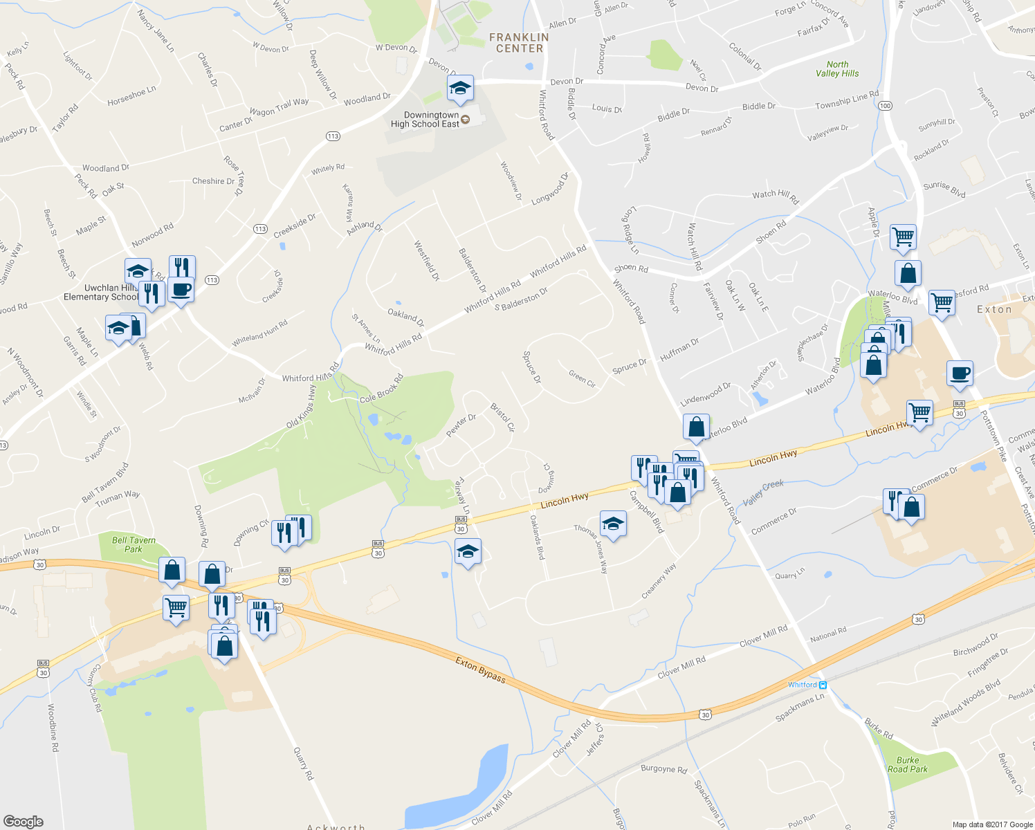 map of restaurants, bars, coffee shops, grocery stores, and more near 312 Tapestry Circle in Exton