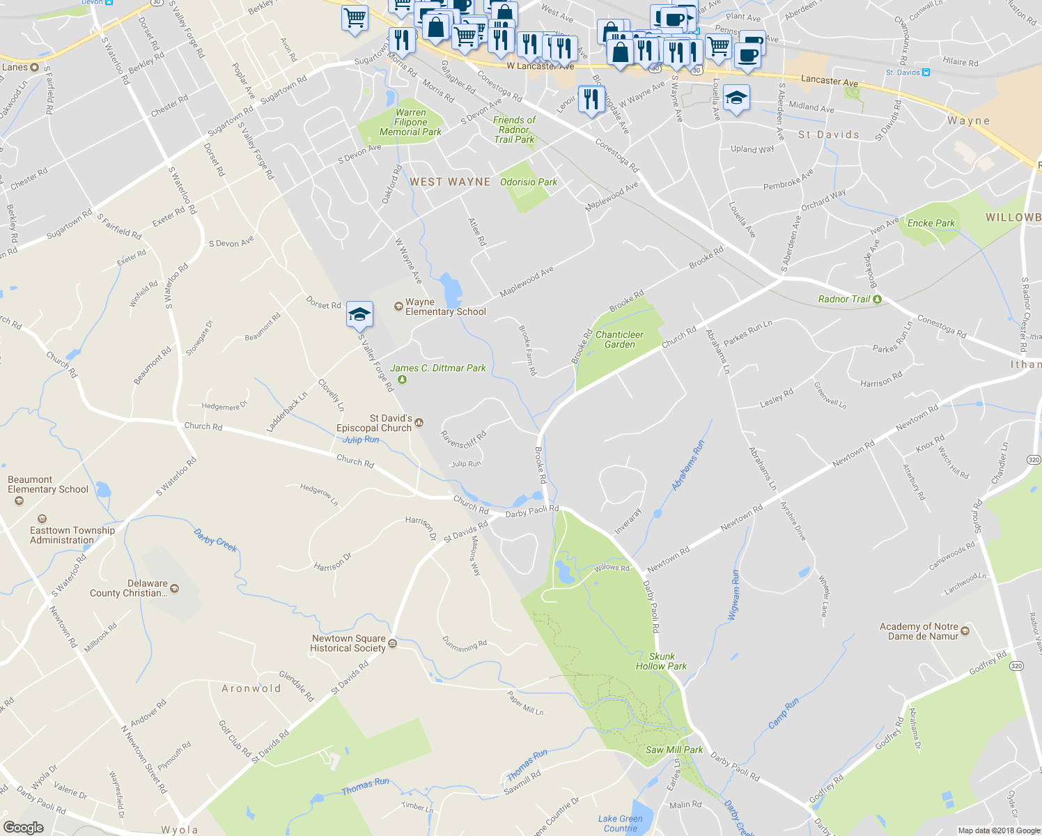 map of restaurants, bars, coffee shops, grocery stores, and more near 203 Ravenscliff Road in Saint Davids