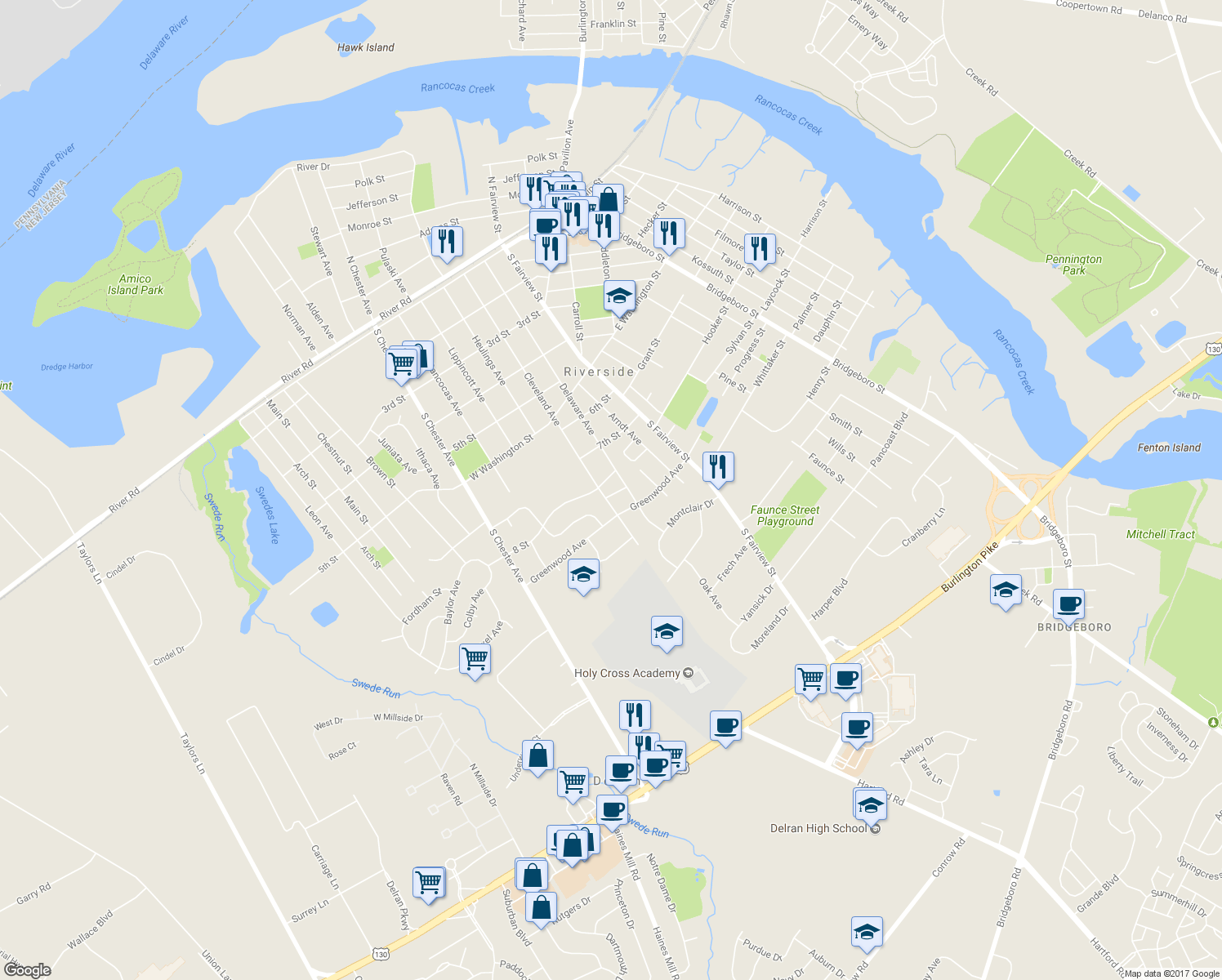 map of restaurants, bars, coffee shops, grocery stores, and more near 405 Oak Street in Riverside