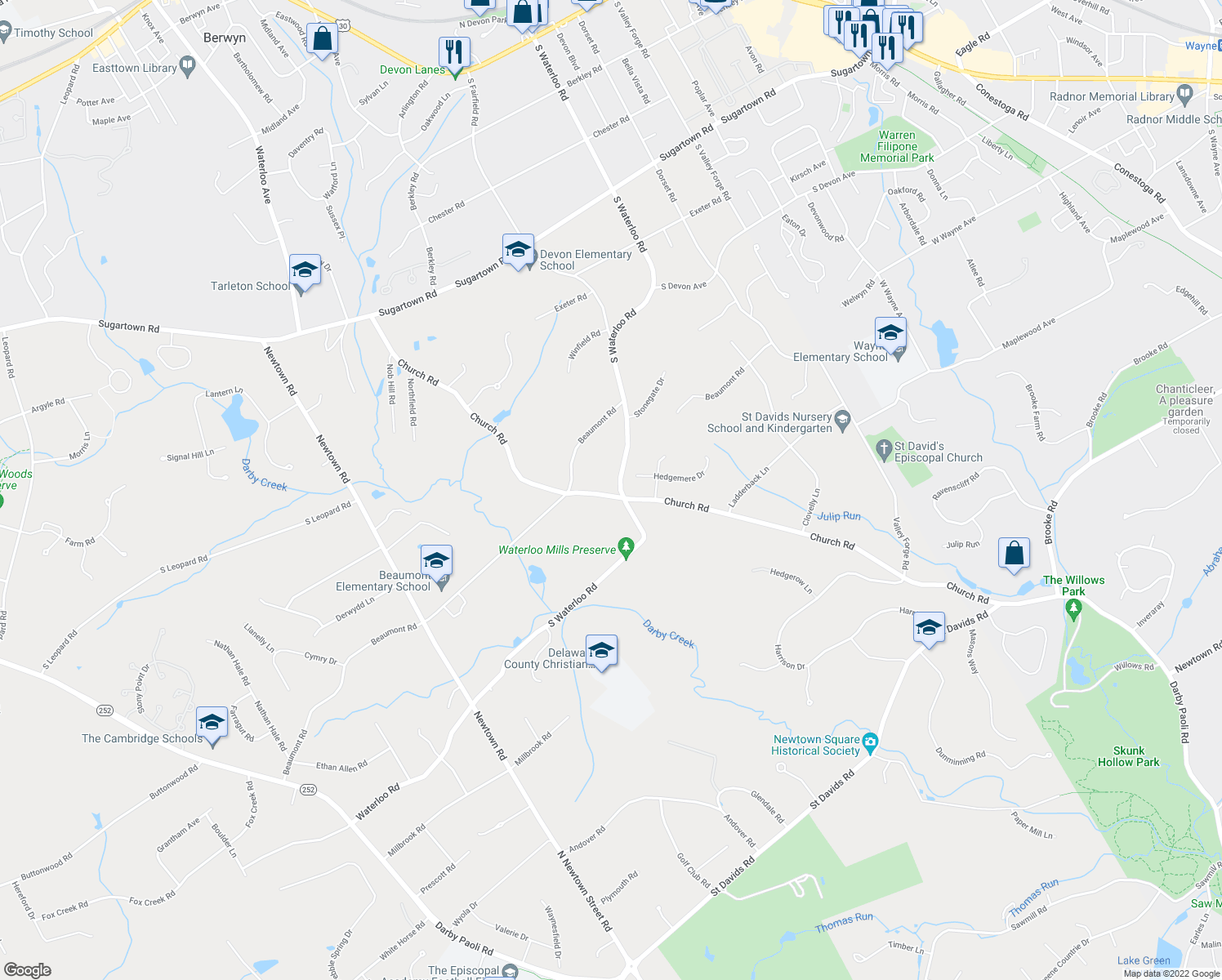 map of restaurants, bars, coffee shops, grocery stores, and more near 309 Church Road in Devon