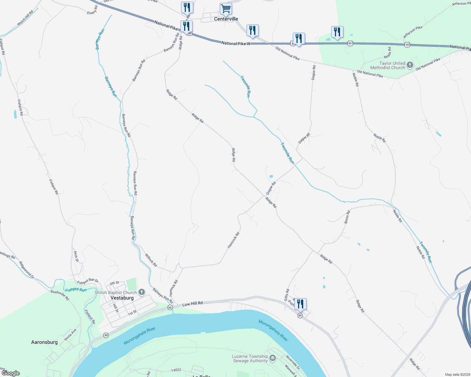 map of restaurants, bars, coffee shops, grocery stores, and more near 130 Hancock Road in Brownsville