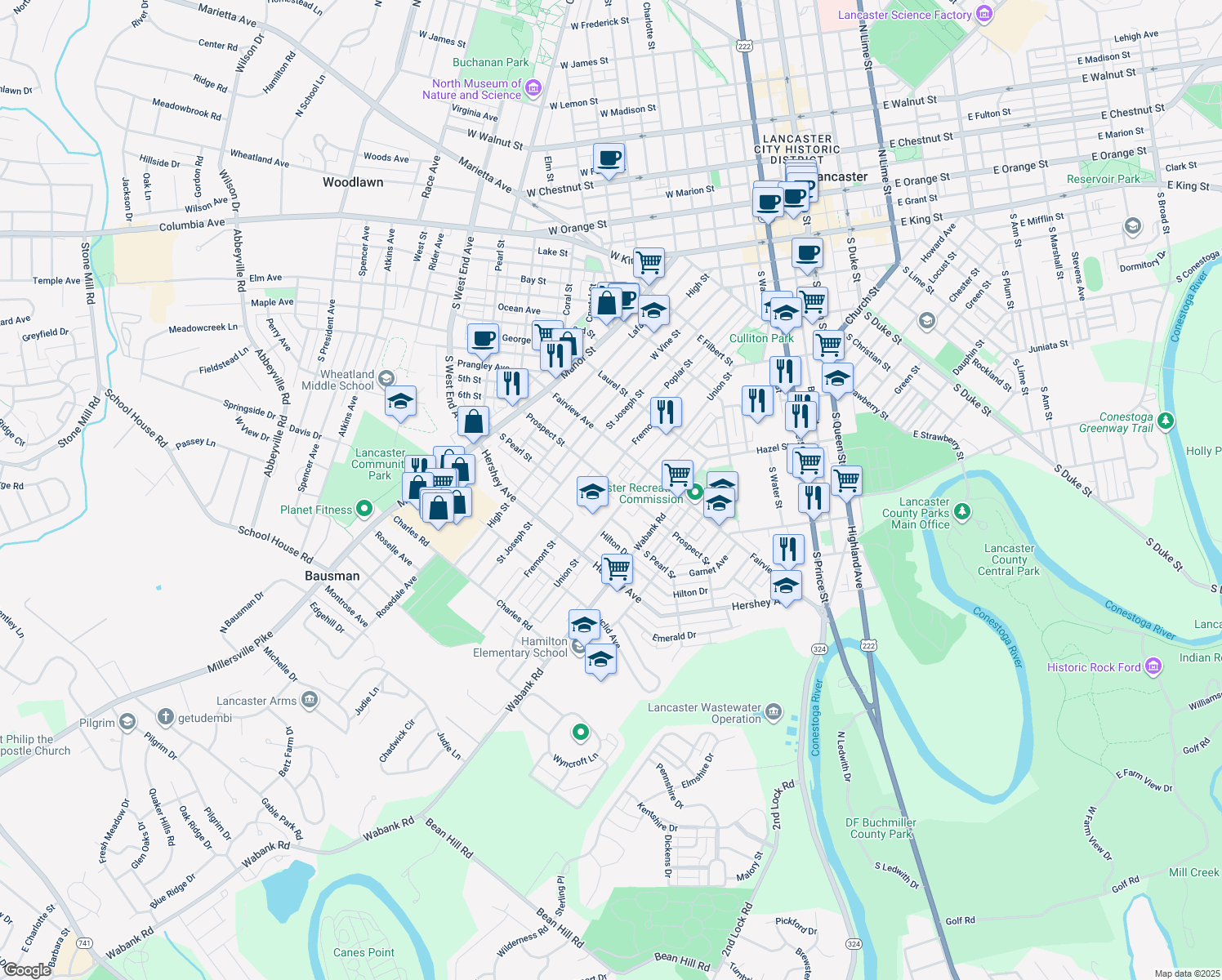 map of restaurants, bars, coffee shops, grocery stores, and more near 318 Prospect Street in Lancaster