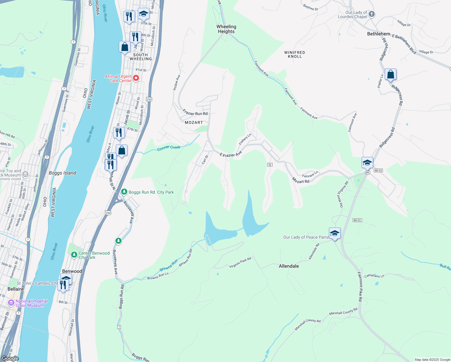 map of restaurants, bars, coffee shops, grocery stores, and more near 56 Delta Road 11 in Benwood