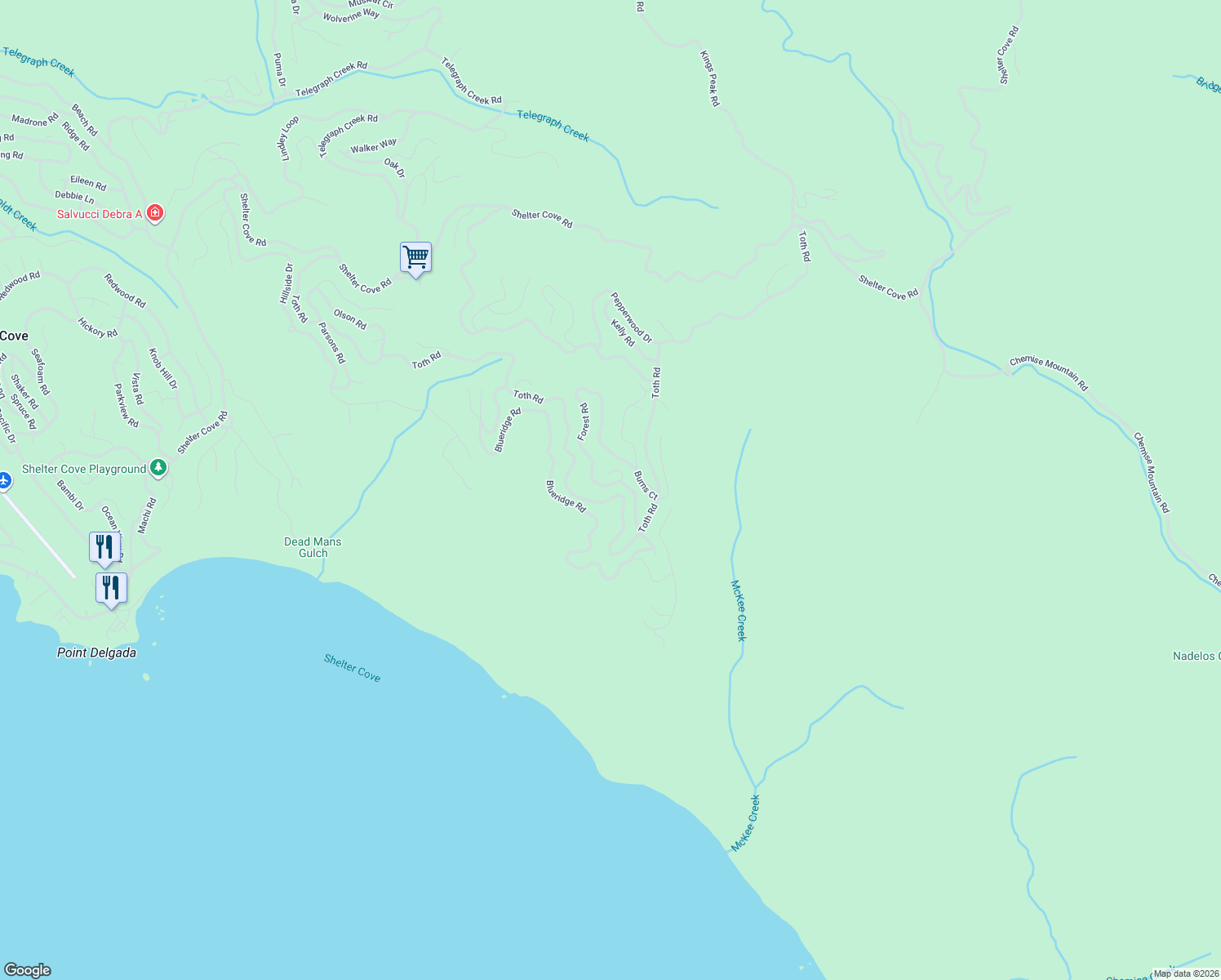 map of restaurants, bars, coffee shops, grocery stores, and more near 992-994 Toth Rd in Whitethorn