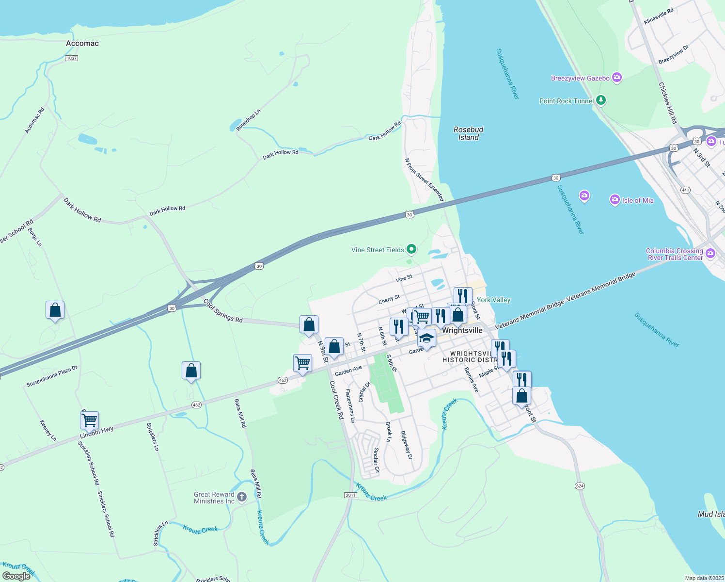 map of restaurants, bars, coffee shops, grocery stores, and more near 501 Hybla Road in Wrightsville