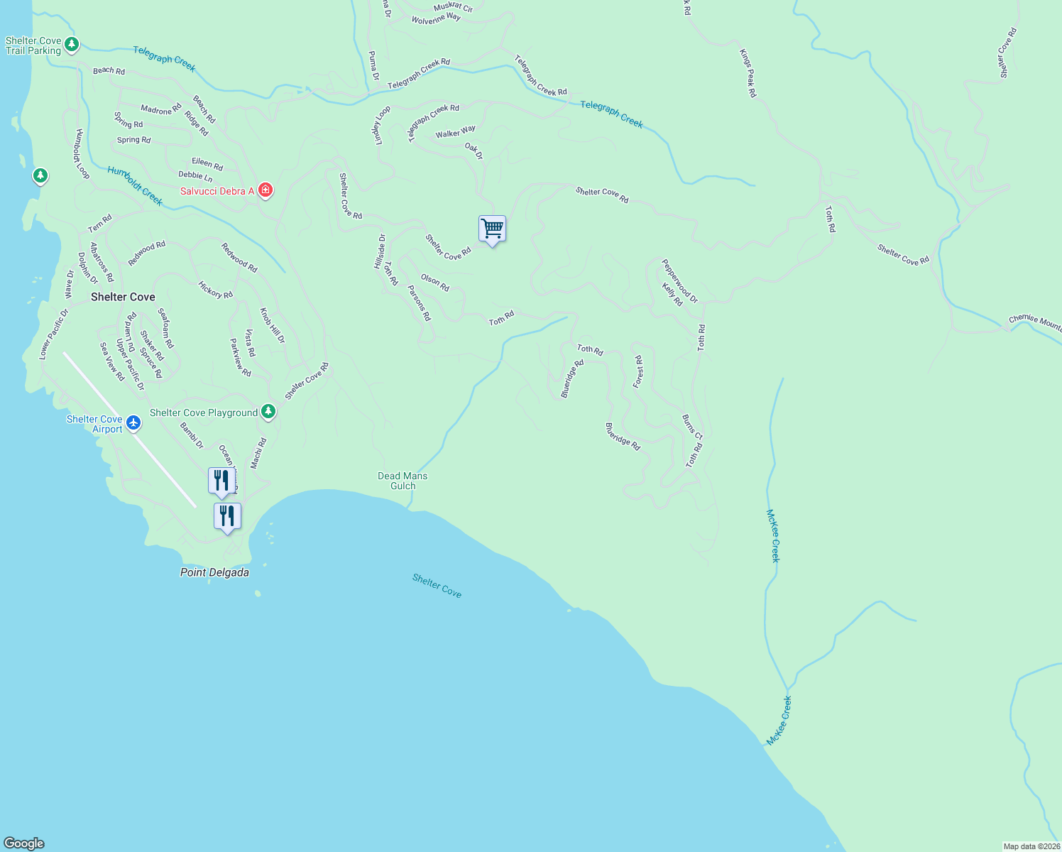 map of restaurants, bars, coffee shops, grocery stores, and more near 1294 Hillside Drive in Whitethorn