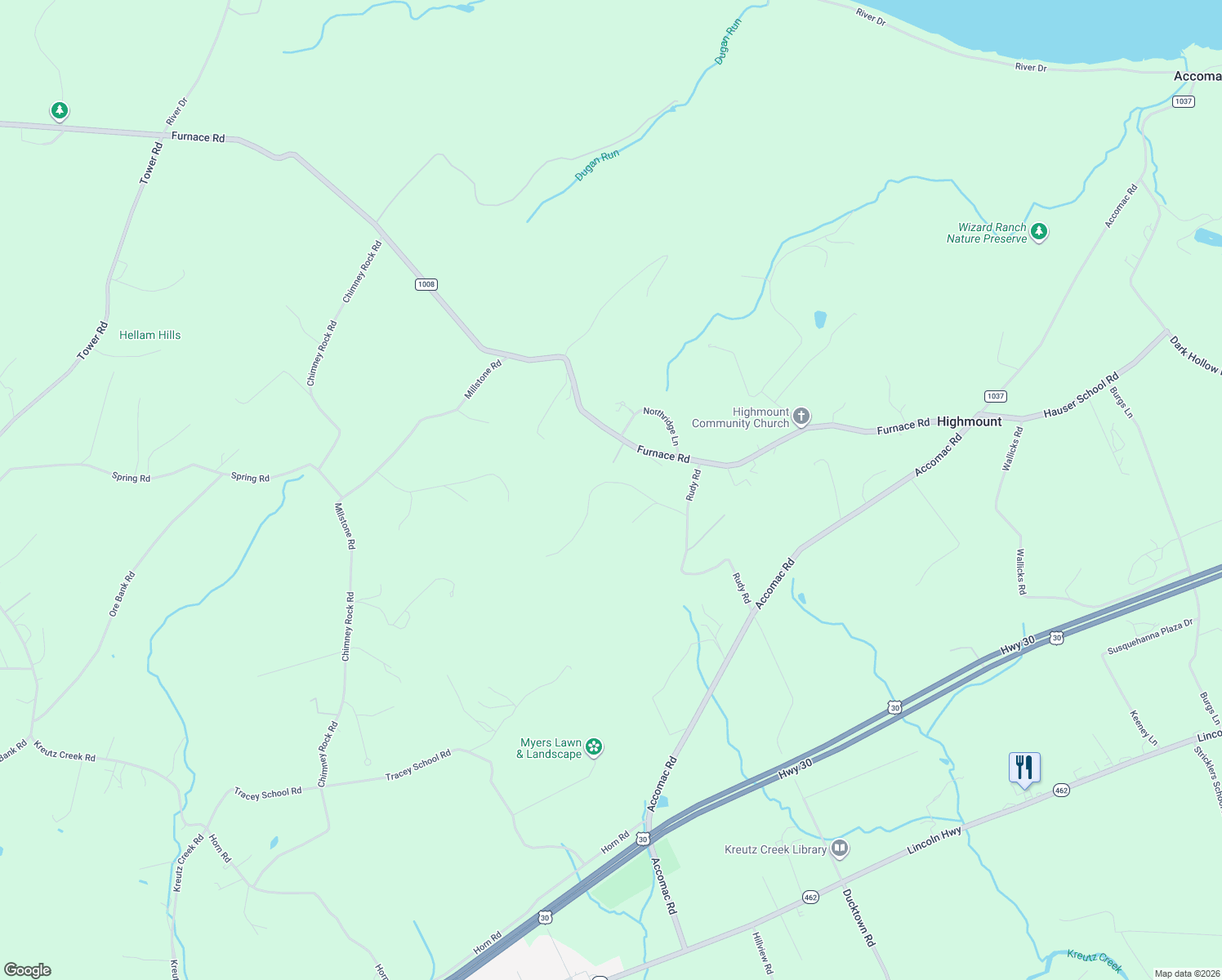 map of restaurants, bars, coffee shops, grocery stores, and more near 5573 Rambling Lane in York