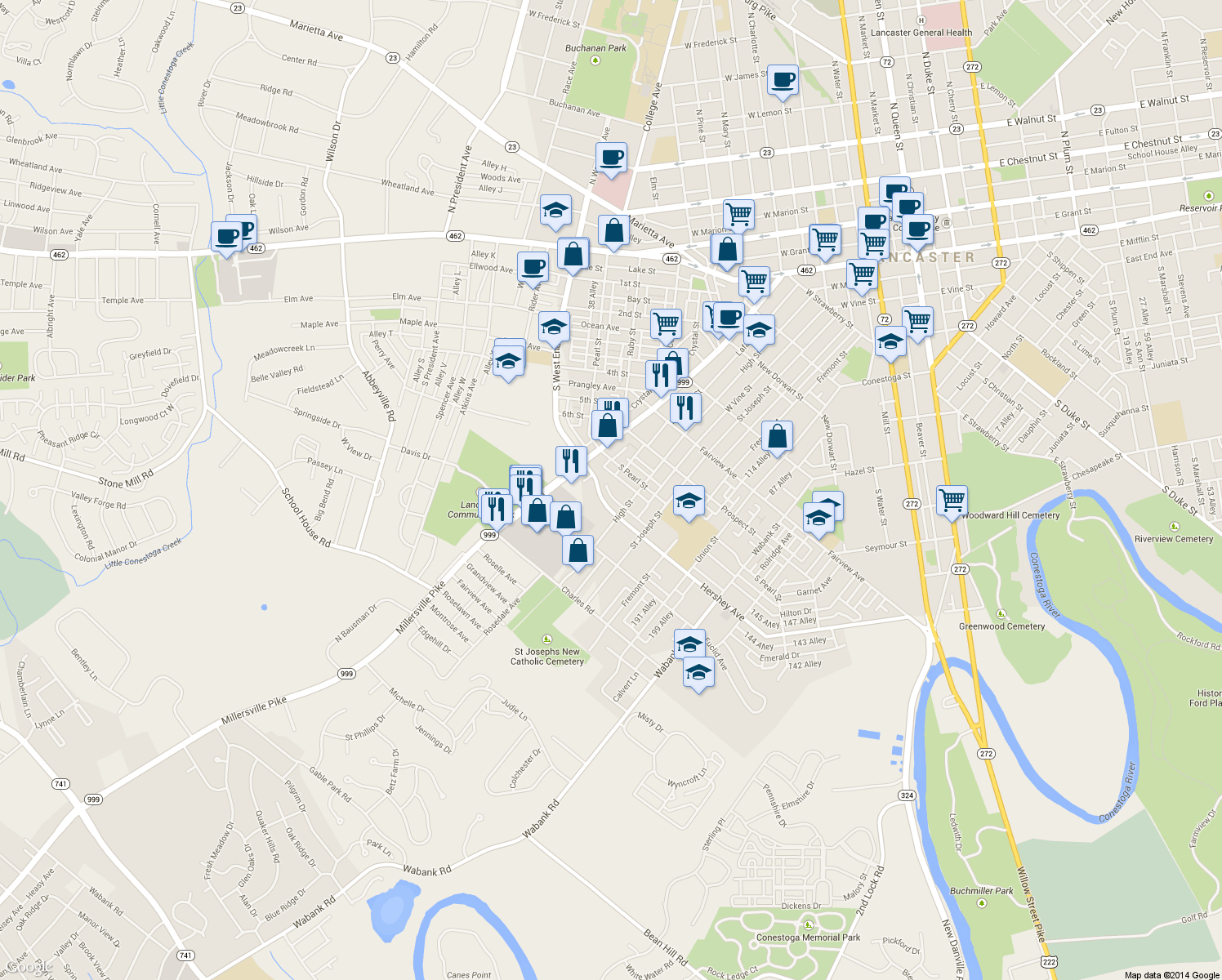 map of restaurants, bars, coffee shops, grocery stores, and more near 63 Hershey Avenue in Lancaster