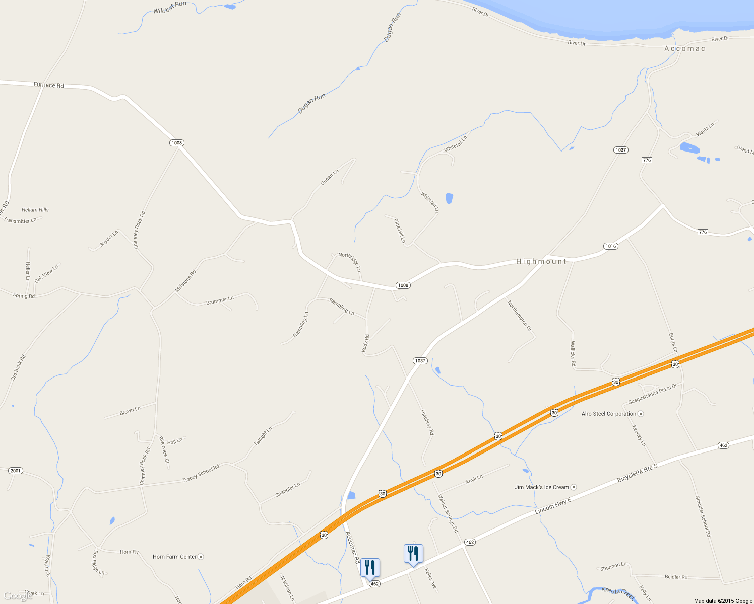 map of restaurants, bars, coffee shops, grocery stores, and more near 590 Rudy Road in York
