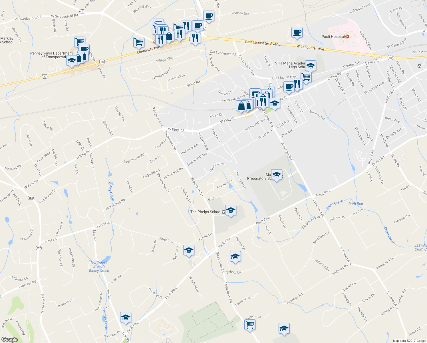 map of restaurants, bars, coffee shops, grocery stores, and more near 164 Kentsdale Ct in Malvern