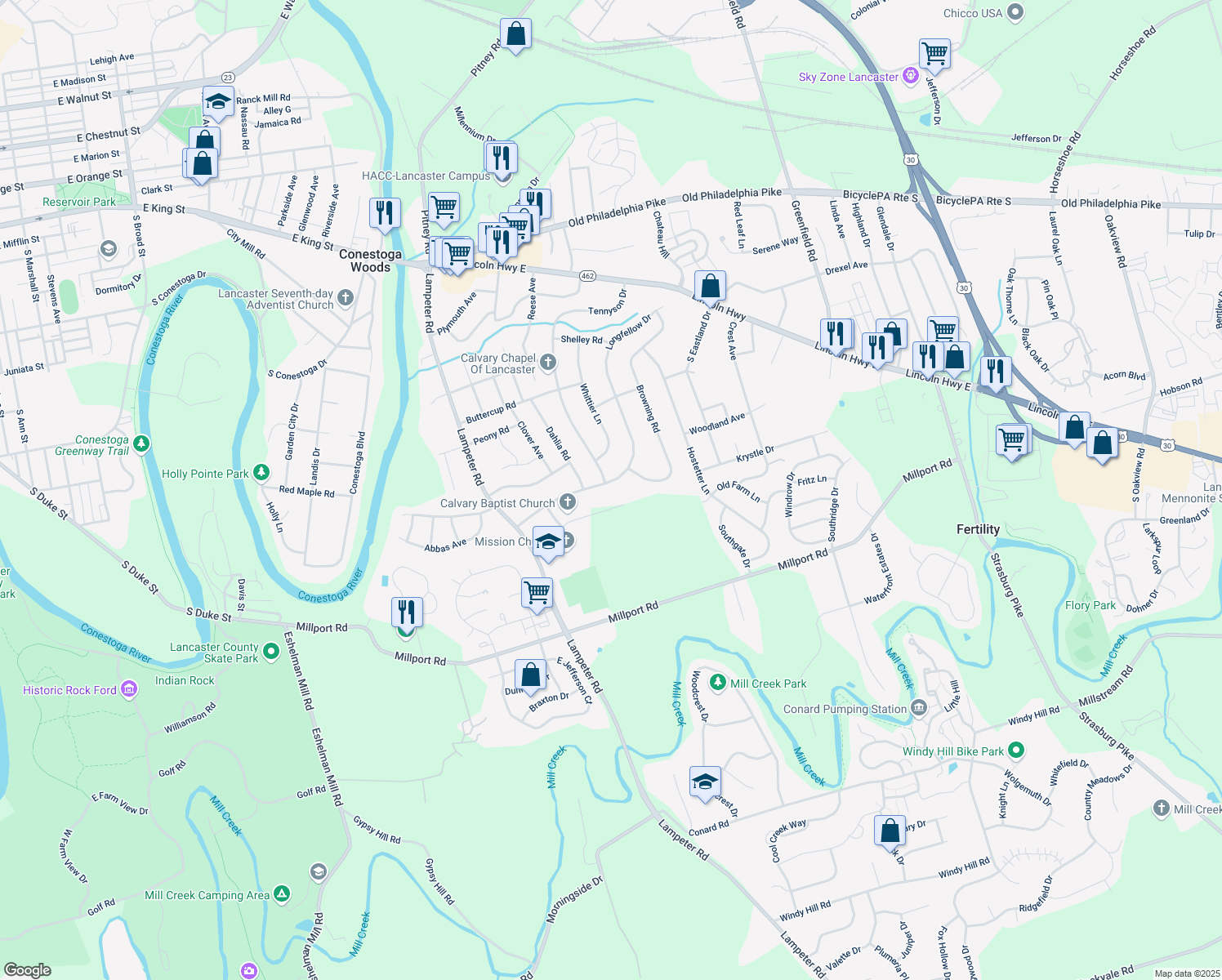 map of restaurants, bars, coffee shops, grocery stores, and more near 321 Longfellow Drive in Lancaster