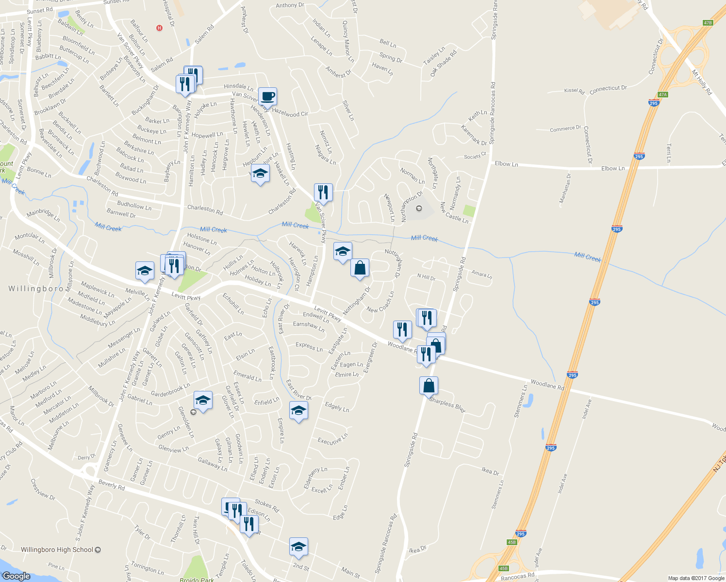 map of restaurants, bars, coffee shops, grocery stores, and more near 44 Nottingham Drive in Willingboro