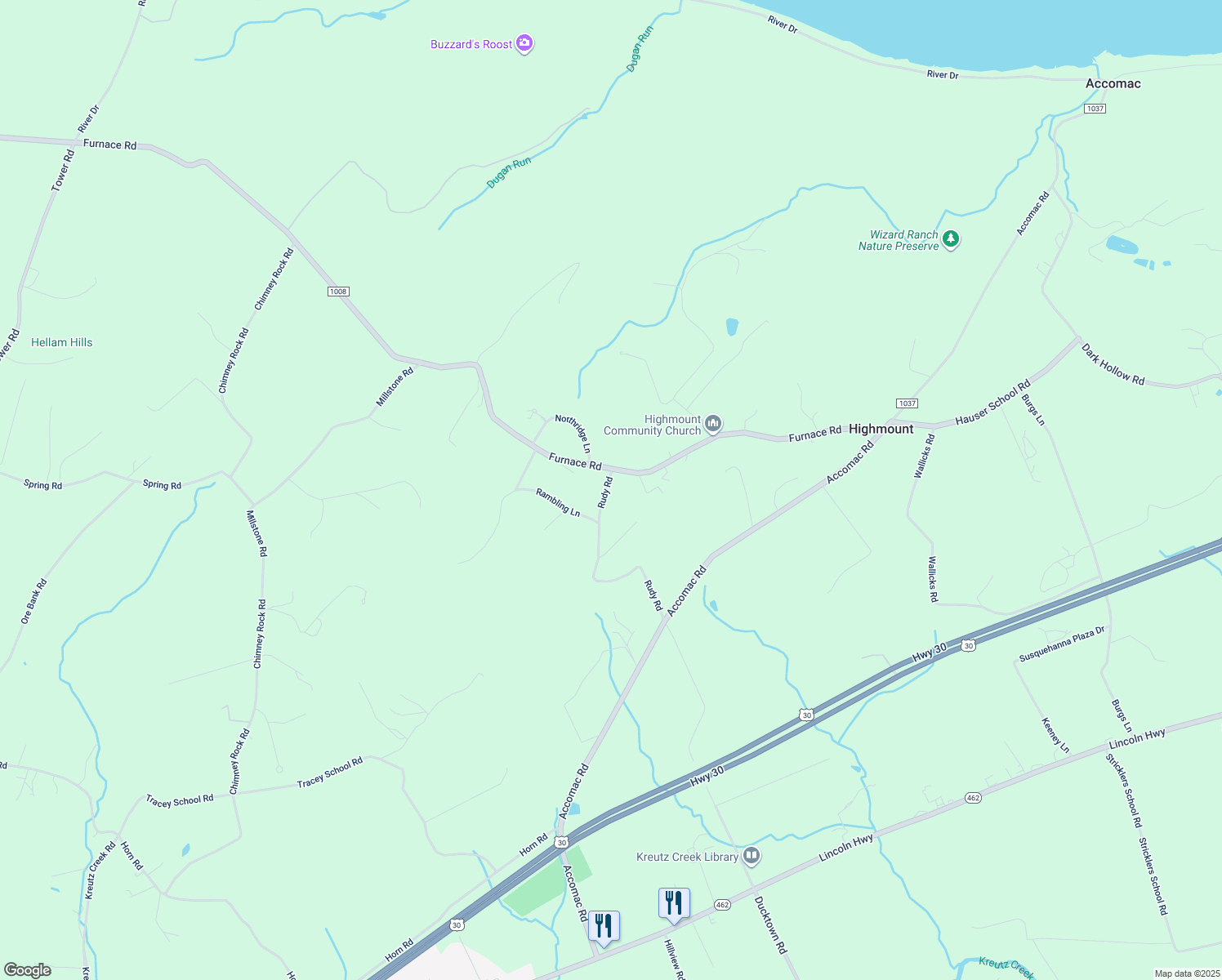 map of restaurants, bars, coffee shops, grocery stores, and more near 590 Rudy Road in York