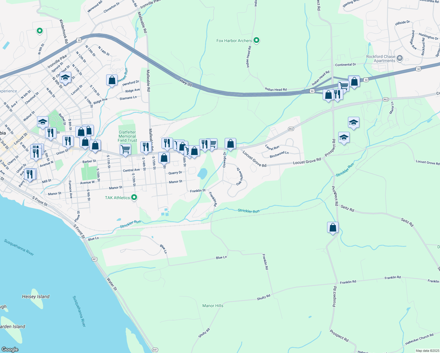 map of restaurants, bars, coffee shops, grocery stores, and more near 2125 Oswego Drive in Columbia
