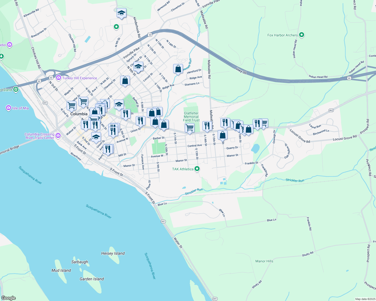 map of restaurants, bars, coffee shops, grocery stores, and more near 618 South 12th Street in Columbia