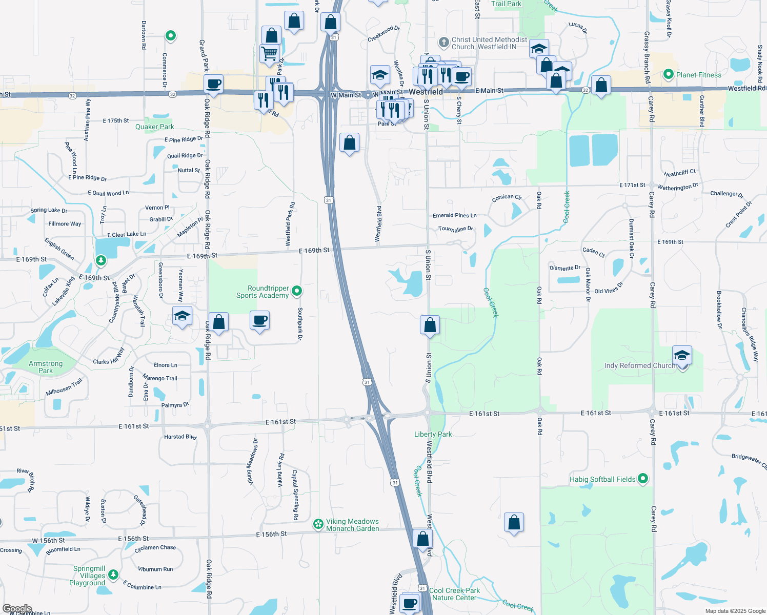map of restaurants, bars, coffee shops, grocery stores, and more near 1502 Woodside Dr in Westfield
