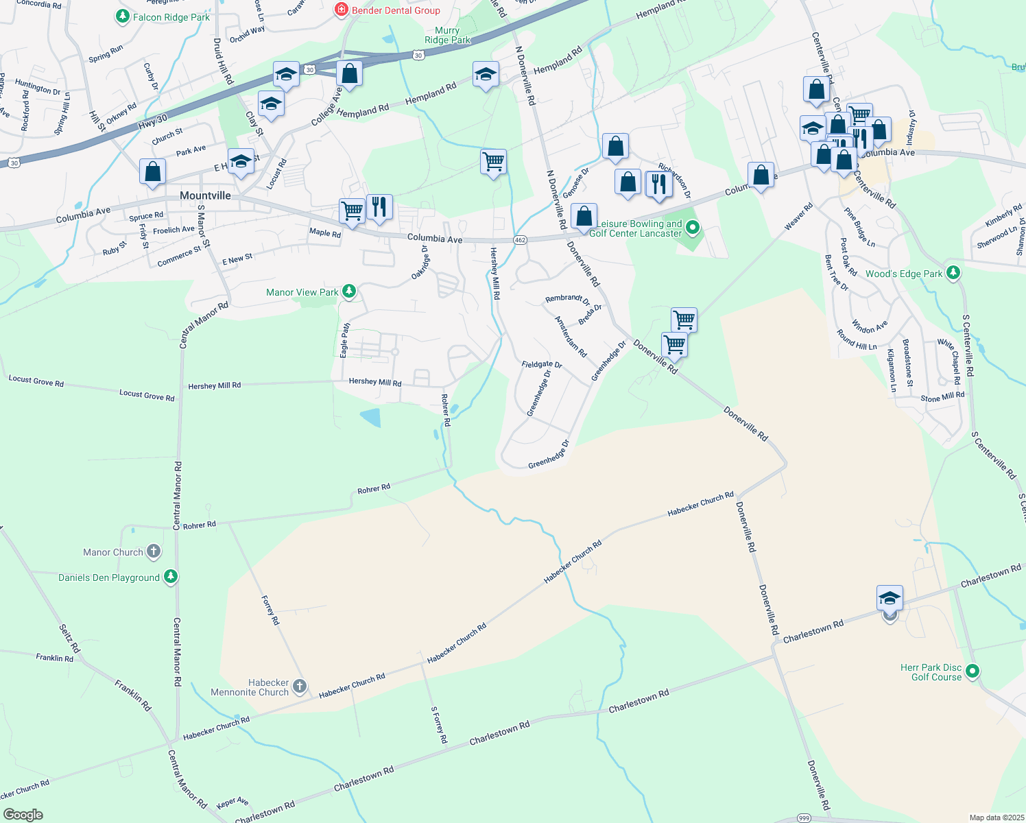 map of restaurants, bars, coffee shops, grocery stores, and more near 129 Farmstead Dr in Lancaster