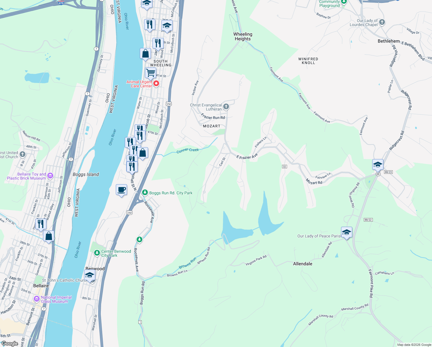map of restaurants, bars, coffee shops, grocery stores, and more near 15 Ellen Avenue in Wheeling